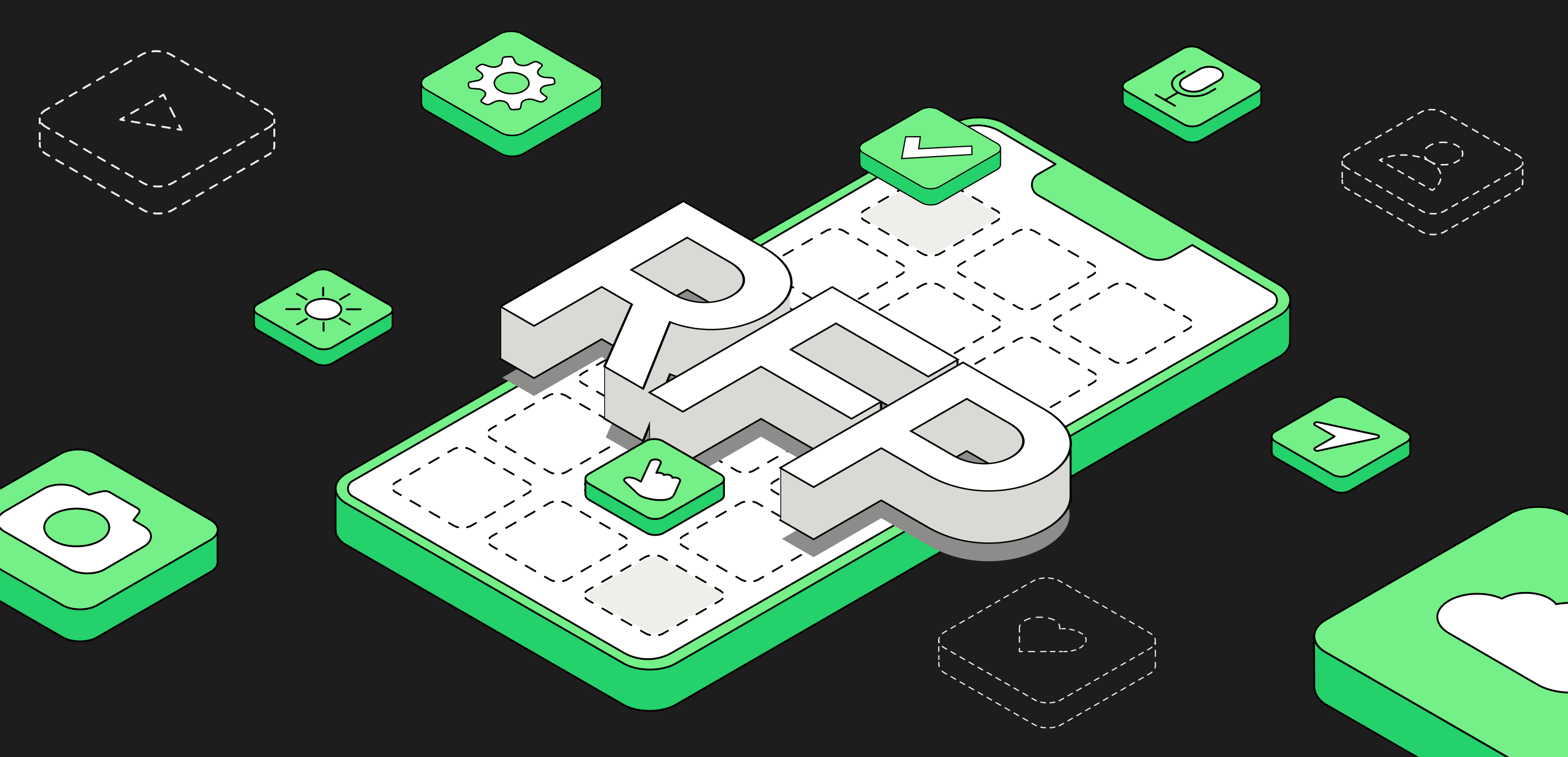 Coverage of an RFP (request for proposal) article, featuring a large ‘RFP’ caption against a mobile application interface with functionality icons. The illustration refers to the process of preparing a request for proposal, writing up the requirements and selecting a technology partner. Illustration showing a phone with large ‘RFP’ lettering and icons of mobile app functionality. The visualisation refers to the process of preparing a request for proposal for the implementation of the application, with the focus on defining functional requirements and selecting an IT provider.