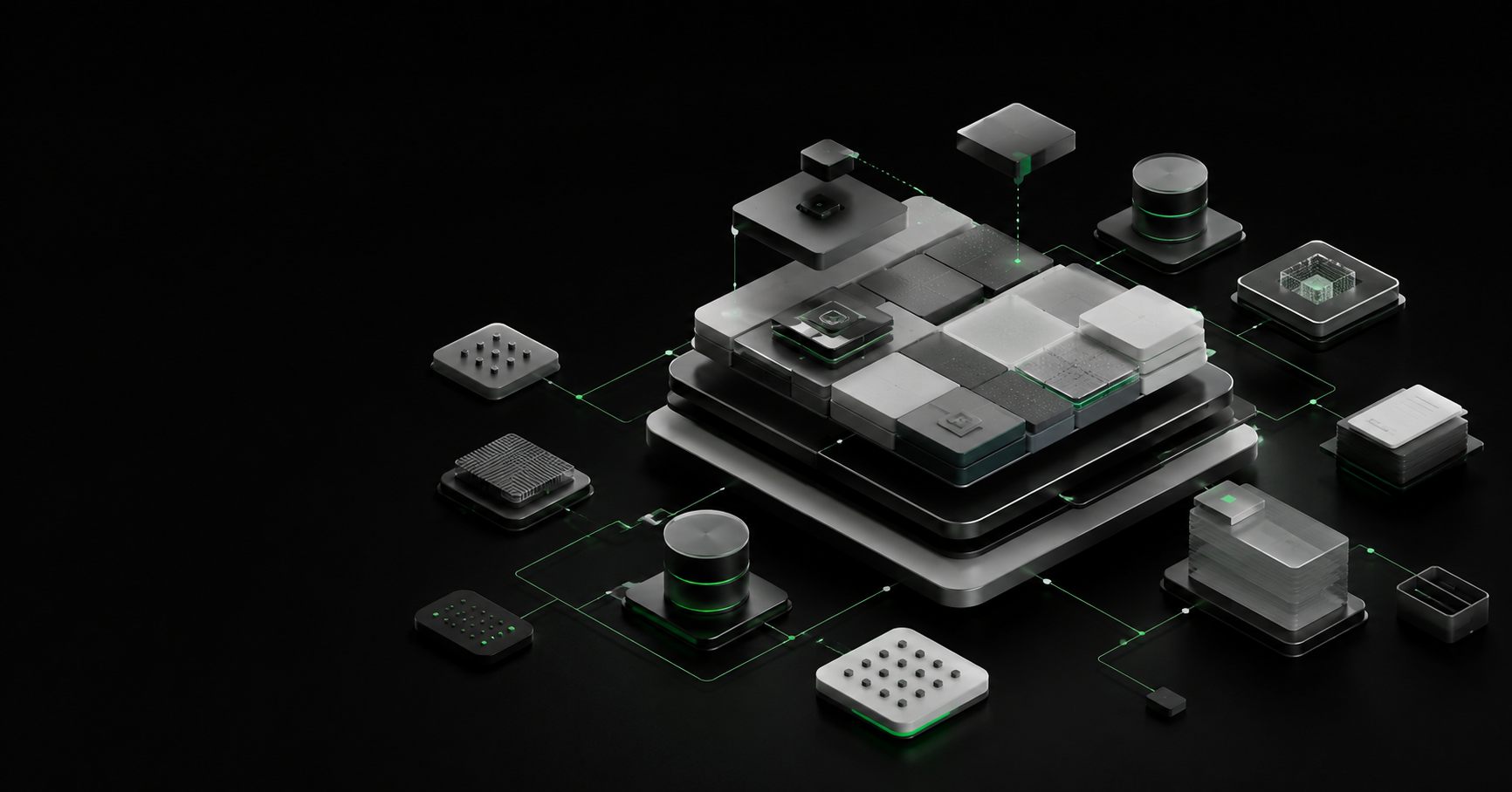 Enterprise AI CMS platform with modular content architecture in premium 3D illustration