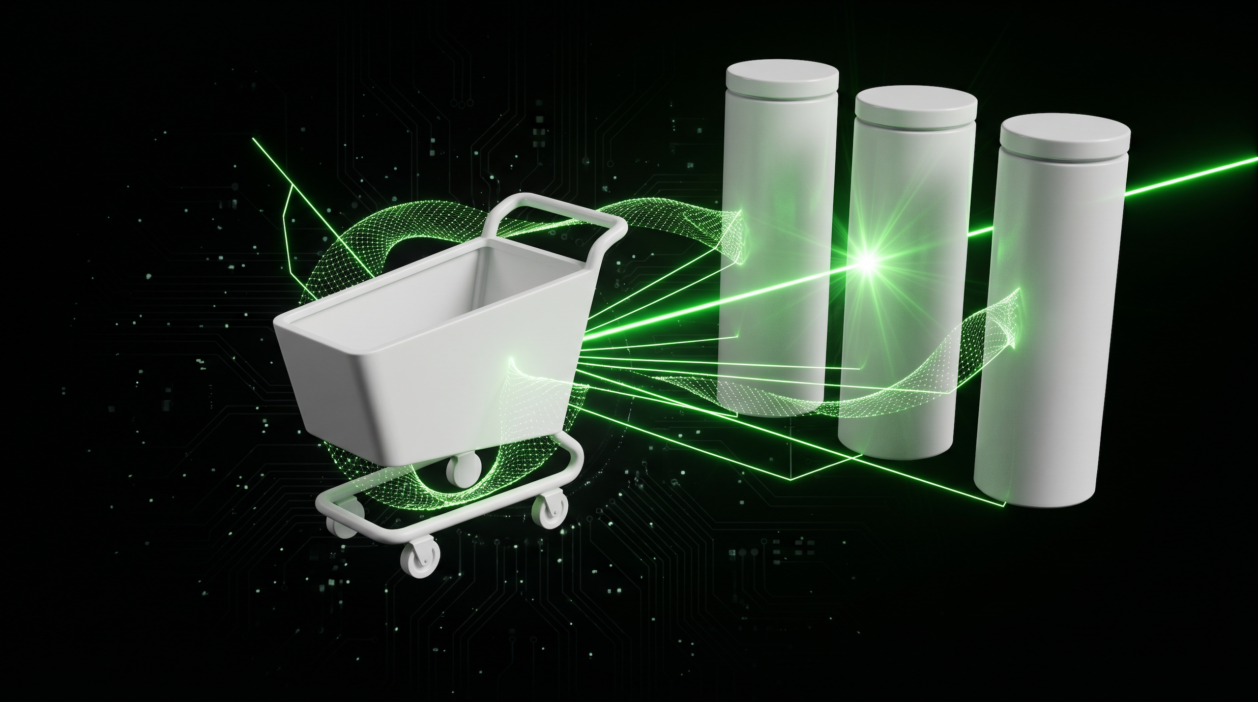 Wizualizacja audytu e-commerce: biały wózek zakupowy połączony laserami z serwerami baz danych. Koncepcja AI-native commerce od SYZYGY