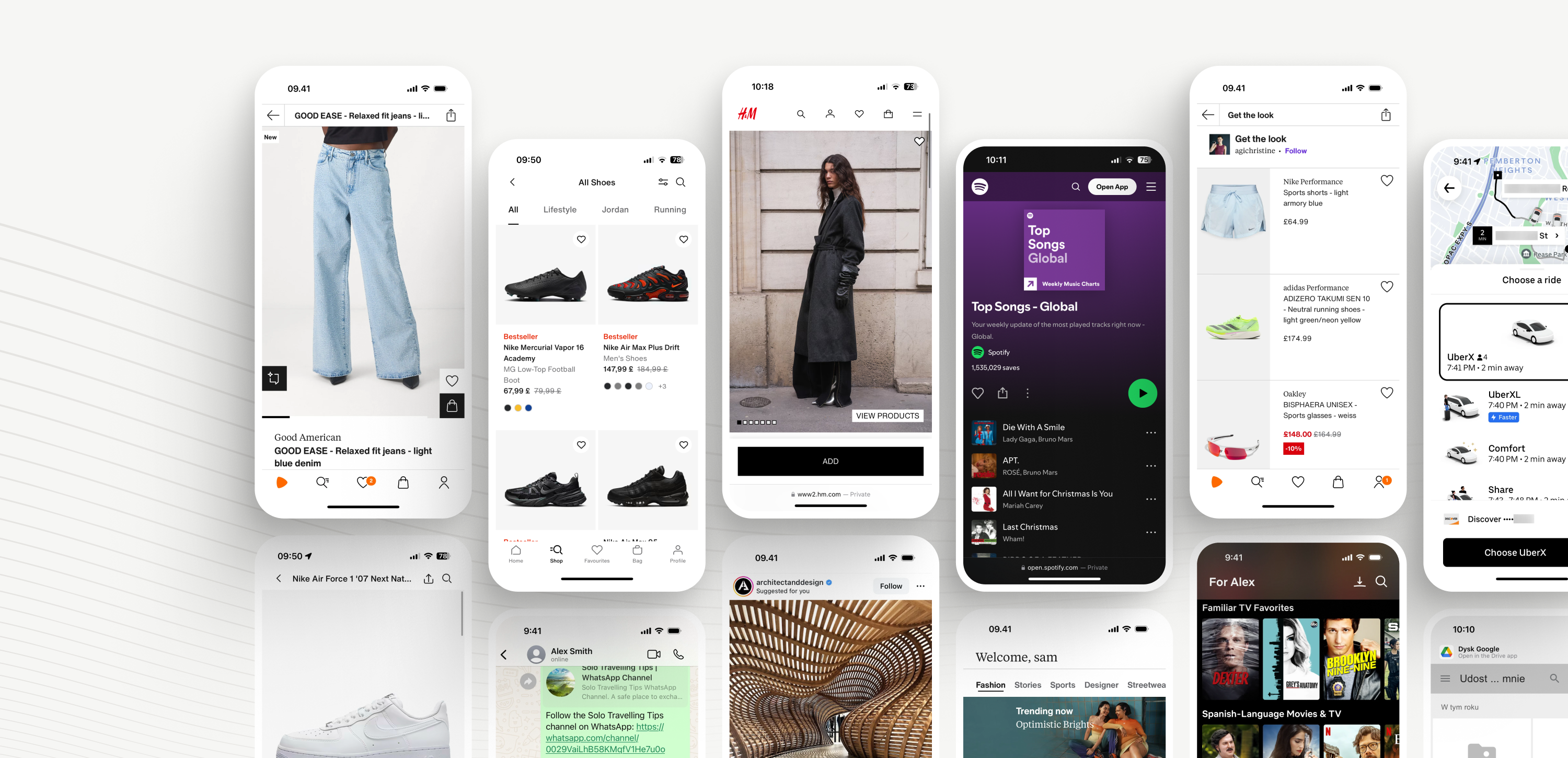 Zestaw ekranów aplikacji mobilnych ilustrujący różne typy aplikacji: natywne, hybrydowe i webowe. Przykłady obejmują aplikacje zakupowe, takie jak H&M i Nike, streamingowe, jak Spotify, oraz transportowe, jak Uber. Grafika ukazuje różnorodność funkcji i doświadczeń użytkownika (UX) oferowanych przez aplikacje mobilne na różnych platformach, od urządzeń przenośnych po systemy operacyjne iOS i Android.