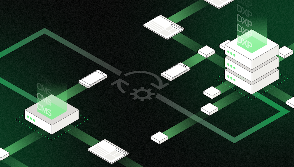 “CMS vs DXP – kluczowe różnice i wybór najlepszego rozwiązania do zarządzania treścią” – Ilustracja przedstawiająca schemat działania systemów CMS (Content Management System) i DXP (Digital Experience Platform). Obraz pokazuje różnice w skalowalności, integracji oraz dostosowaniu do różnych kanałów cyfrowych, co podkreśla znaczenie wyboru odpowiedniej technologii do zarządzania treścią i doświadczeniami użytkowników.