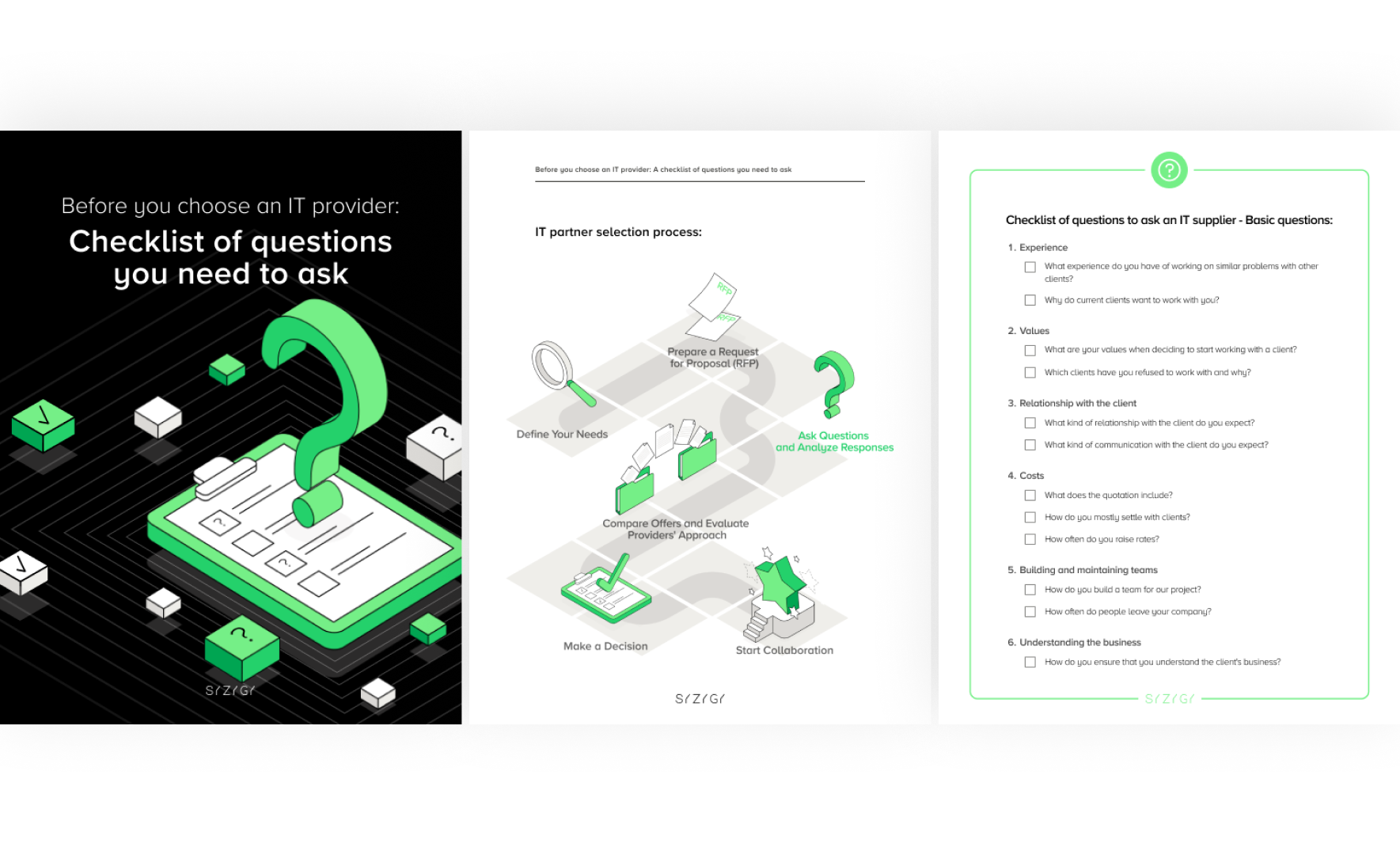 PDF cover story: “Before You Choose an IT Vendor: A Checklist of Questions You Need to Ask,” with an illustration of the form and question marks, highlighting key questions to ask before selecting an IT partner.