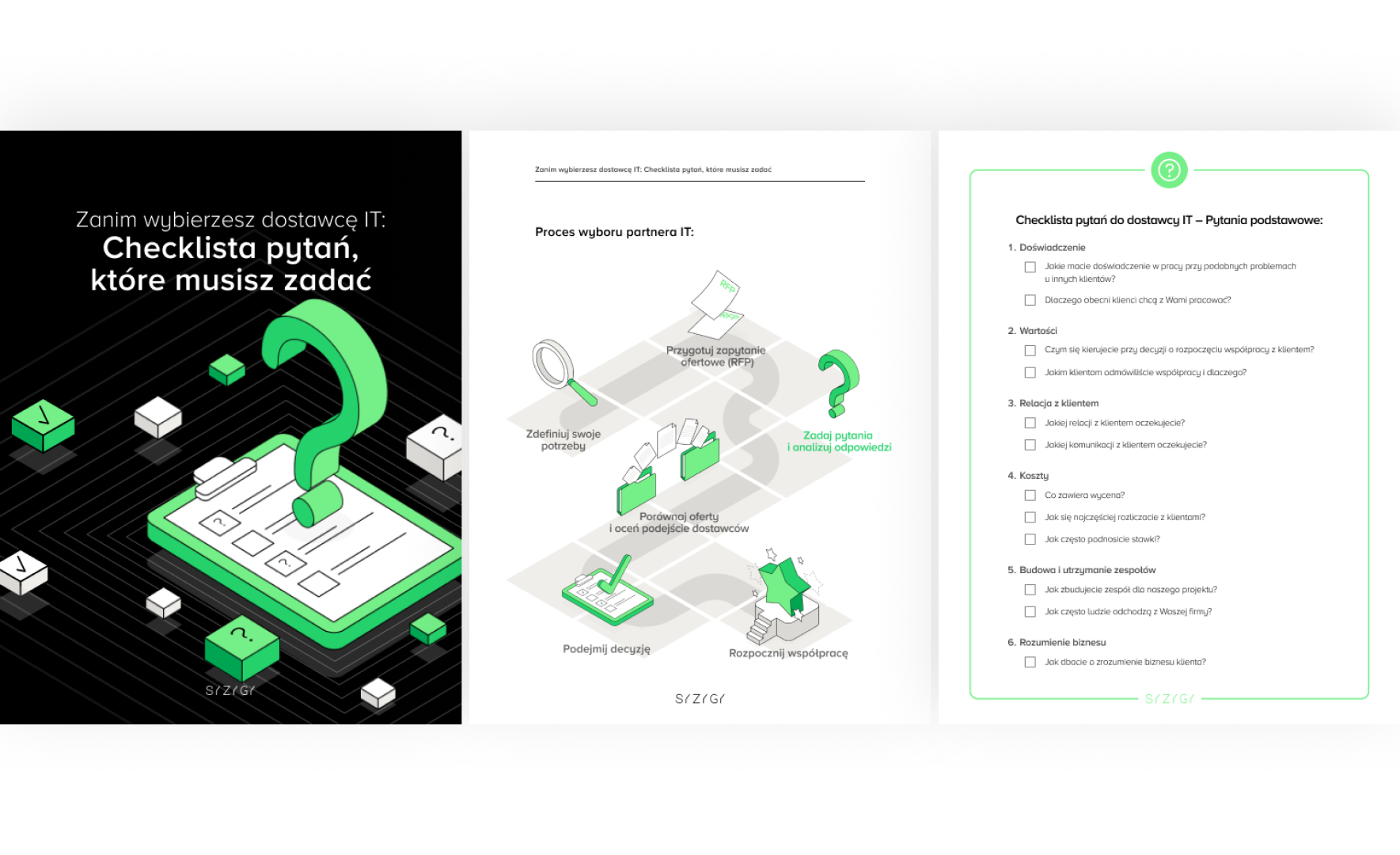 Okładka PDF: „Zanim wybierzesz dostawcę IT: Checklista pytań, które musisz zadać” z ilustracją przedstawiającą formularz i znaki zapytania, podkreślającą kluczowe pytania do zadania przed wyborem partnera IT.