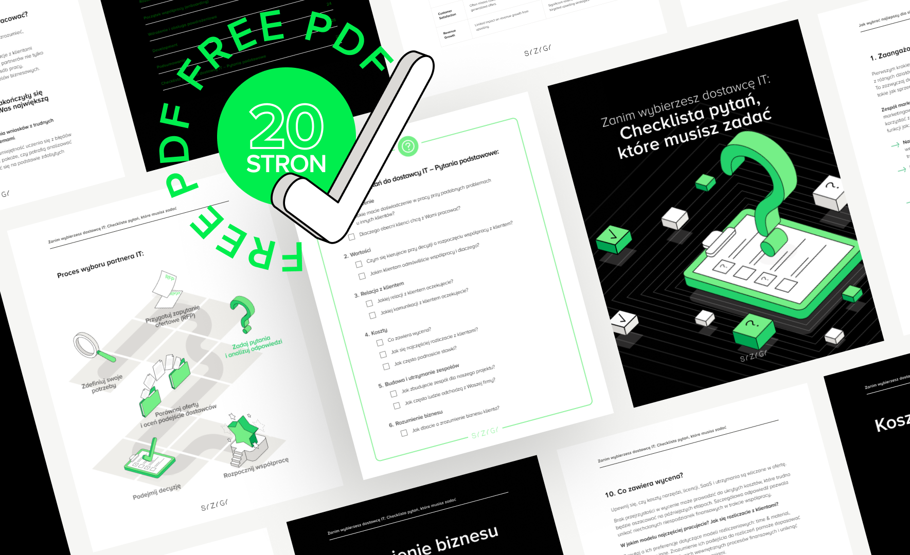 Spis treści PDF z kluczowymi tematami, takimi jak wartości, budowa zespołów, koszty, onboarding i rozumienie biznesu, w czytelnym układzie wizualnym.