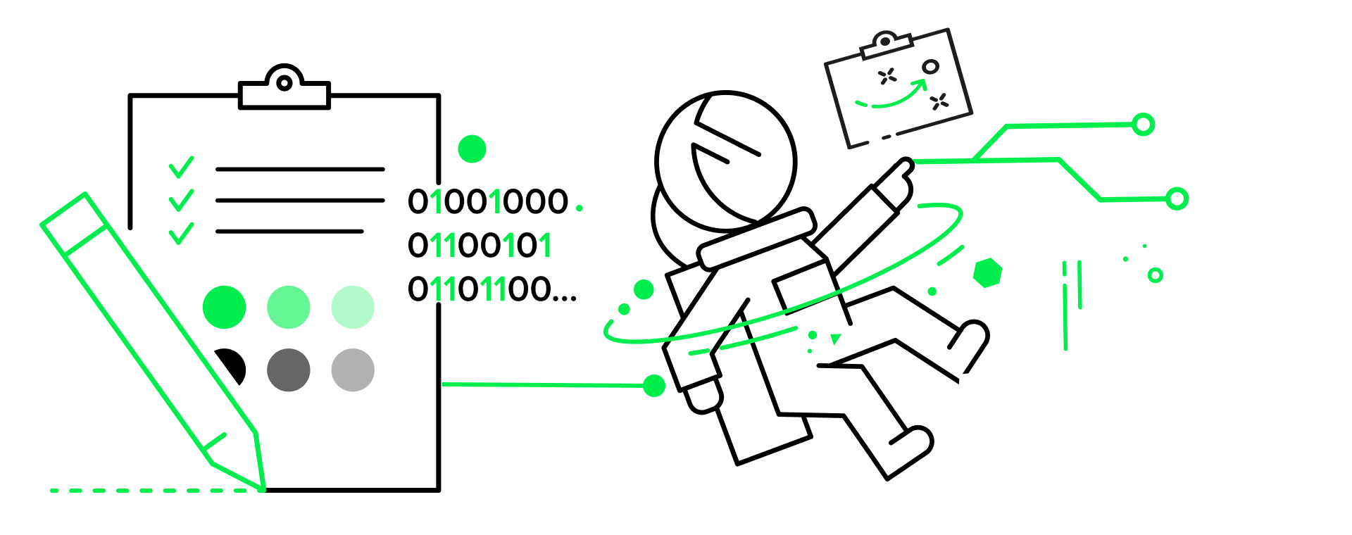 Ilustracja przedstawiająca postać astronauty porządkującą elementy projektu — checklisty, dane i decyzje — symbolizująca pierwszy krok i wspólne wyznaczanie kierunku działań podczas Warsztatu Zero.