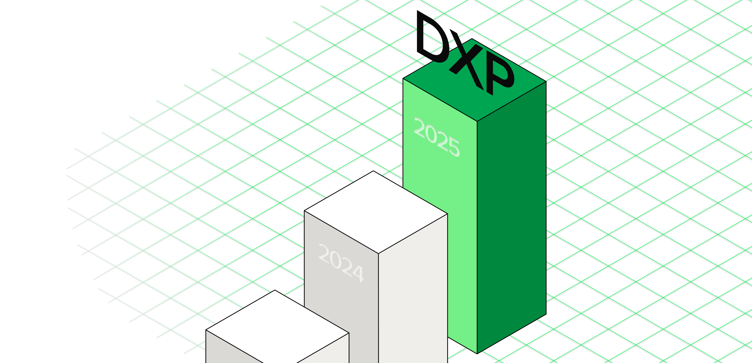 Ilustracja przedstawiająca wykres słupkowy na siatce 3D, gdzie najwyższy słupek oznaczony jest skrótem ‘DXP’. Symbolizuje rosnące znaczenie Digital Experience Platforms (DXP) na rynku technologii cyfrowych. Rynek Digital Experience Platform (DXP) przyspiesza wraz z postępem technologicznym - Raport Magic Quadrant for Digital Experience Platforms 2025 od Gartnera