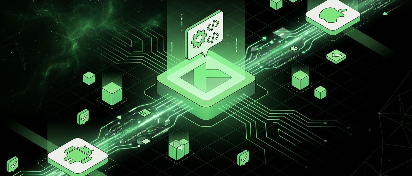 Abstrakcyjna ilustracja cyfrowego mostu łączącego dwie platformy, symbolizujące Androida i iOS, z centralnym elementem przedstawiającym Kotlin Multiplatform, wizualizująca skalowanie rozwoju aplikacji mobilnych w enterprise.