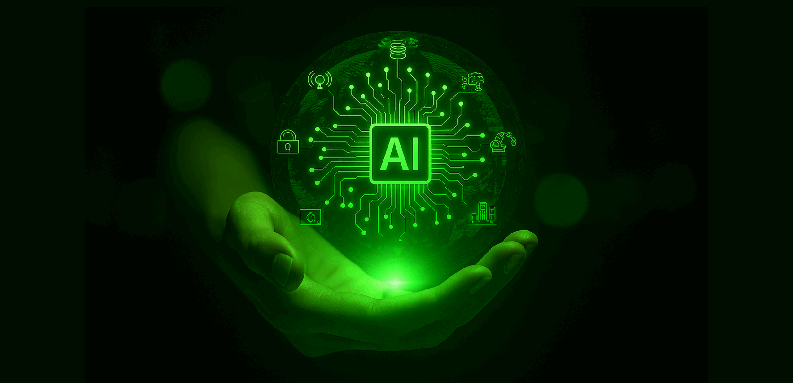 Zielona kula z symbolem „AI” unosząca się nad ludzką dłonią, otoczona ikonami reprezentującymi różne zastosowania sztucznej inteligencji – m.in. dane, bezpieczeństwo, automatyzację i przemysł. Obraz symbolizuje kontekstowo odpowiednie odpowiedzi generowane przez duże modele językowe dzięki wykorzystaniu retrieval augmented generation (RAG) i zewnętrznych źródeł danych.