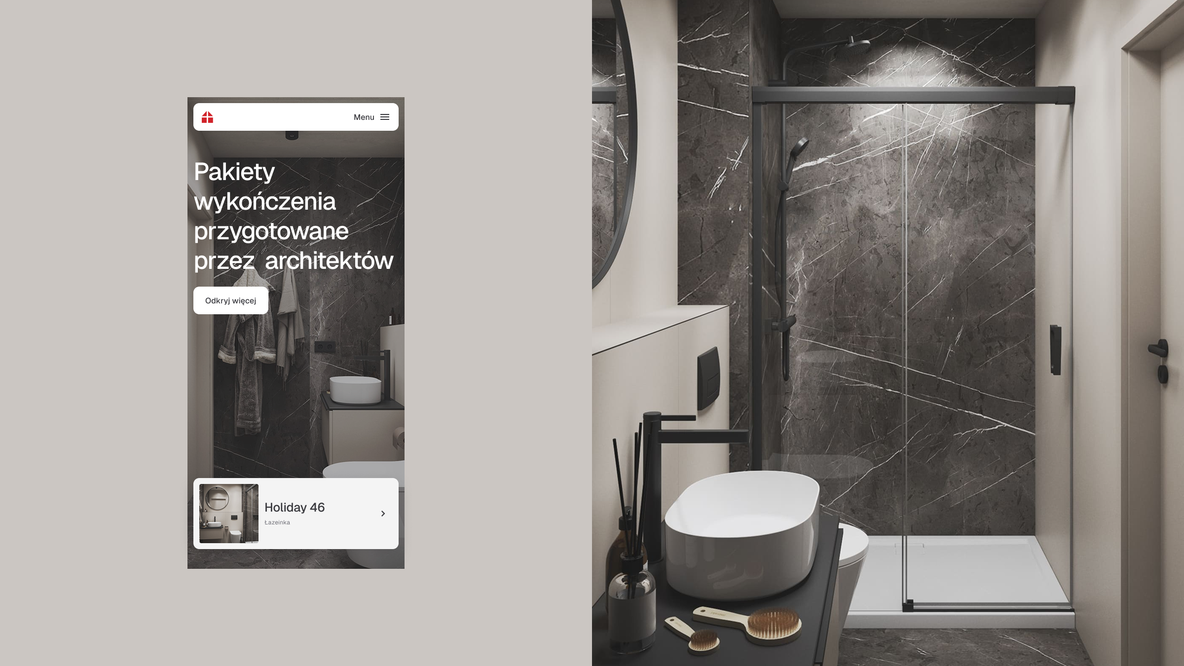 Widok nowoczesnej łazienki w domu prefabrykowanym Danwood – ciemne marmurowe płytki, designerska armatura, prysznic typu walk-in i funkcjonalna zabudowa meblowa. Po lewej stronie interfejs mobilny Magnolia CMS z prezentacją pakietów wykończenia wnętrz przygotowanych przez architektów.