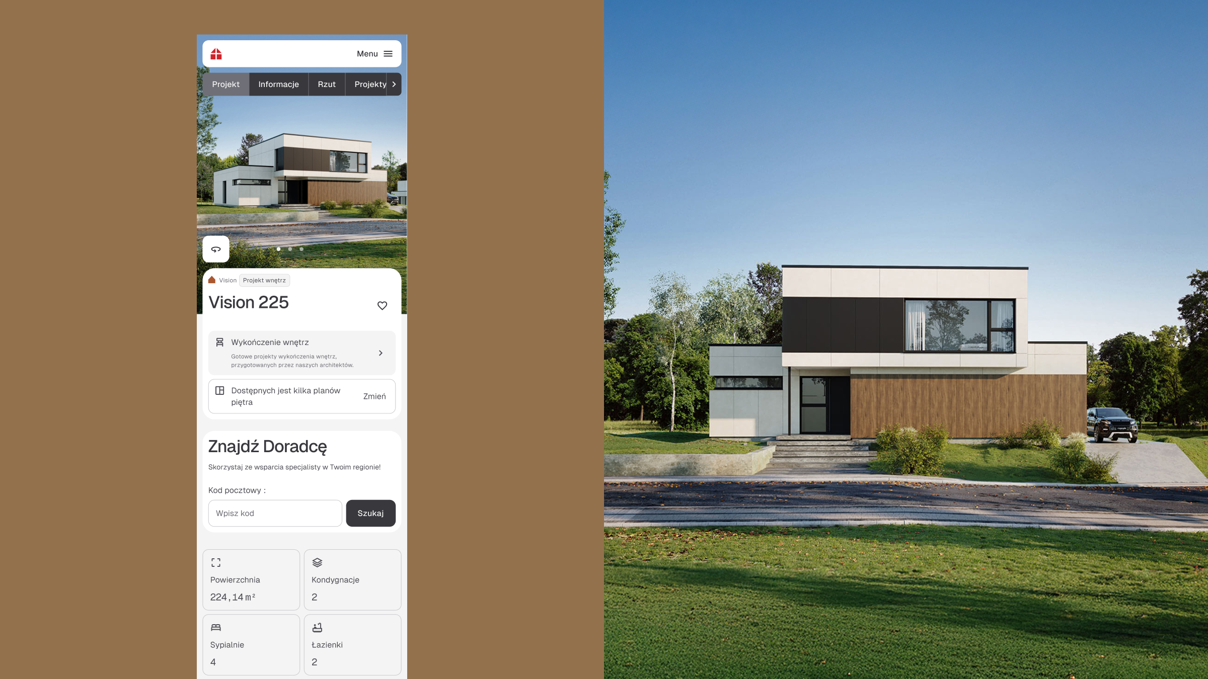 Nowoczesny dom piętrowy Danwood Vision 225 z płaskim dachem, dużymi przeszkleniami i drewnianą elewacją. Po lewej stronie widok mobilnego interfejsu Magnolia CMS z informacjami o projekcie: powierzchnia 224,14 m², 4 sypialnie, 2 łazienki, garderoby oraz możliwość wyboru wykończenia wnętrz i planu piętra.