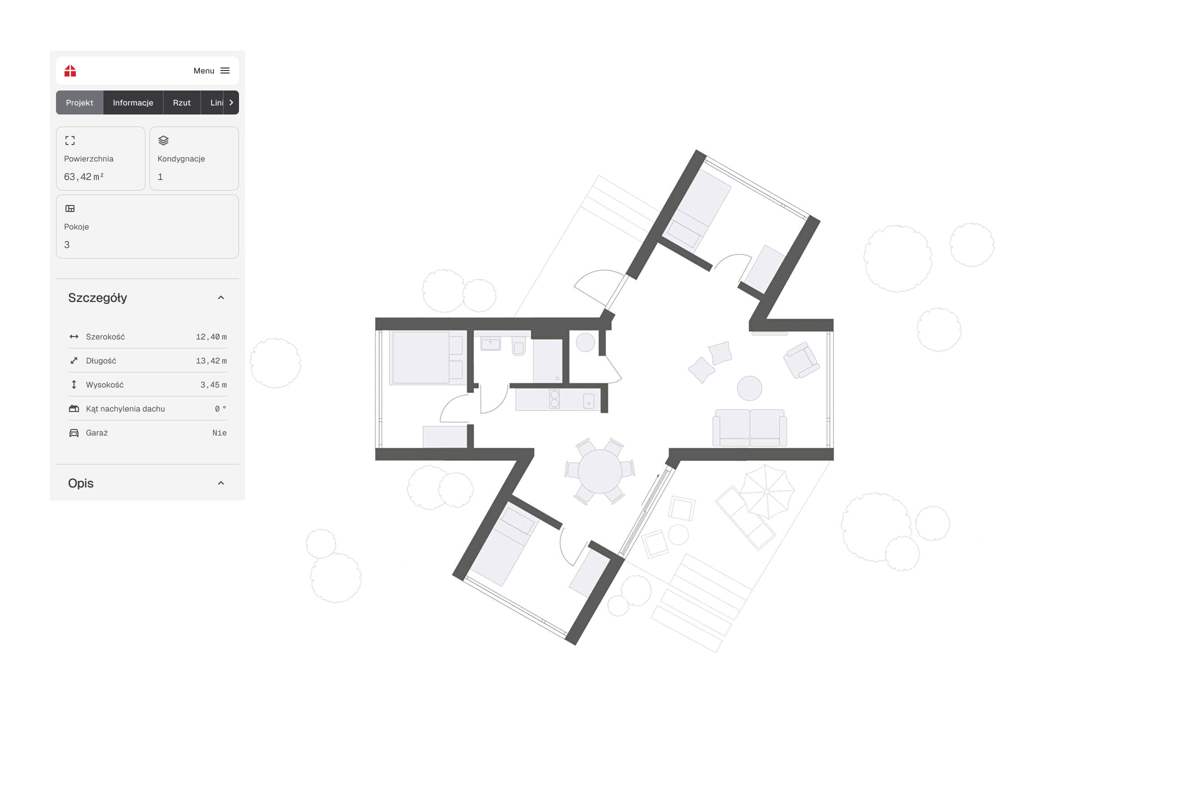 Rzut funkcjonalny parterowego domu prefabrykowanego Danwood Holiday 63 L-3 z trzema pokojami, strefą dzienną i przestrzenią tarasową. Po lewej stronie widok panelu Magnolia CMS z informacjami o projekcie – powierzchnia 63,42 m², parametry techniczne i układ pomieszczeń.