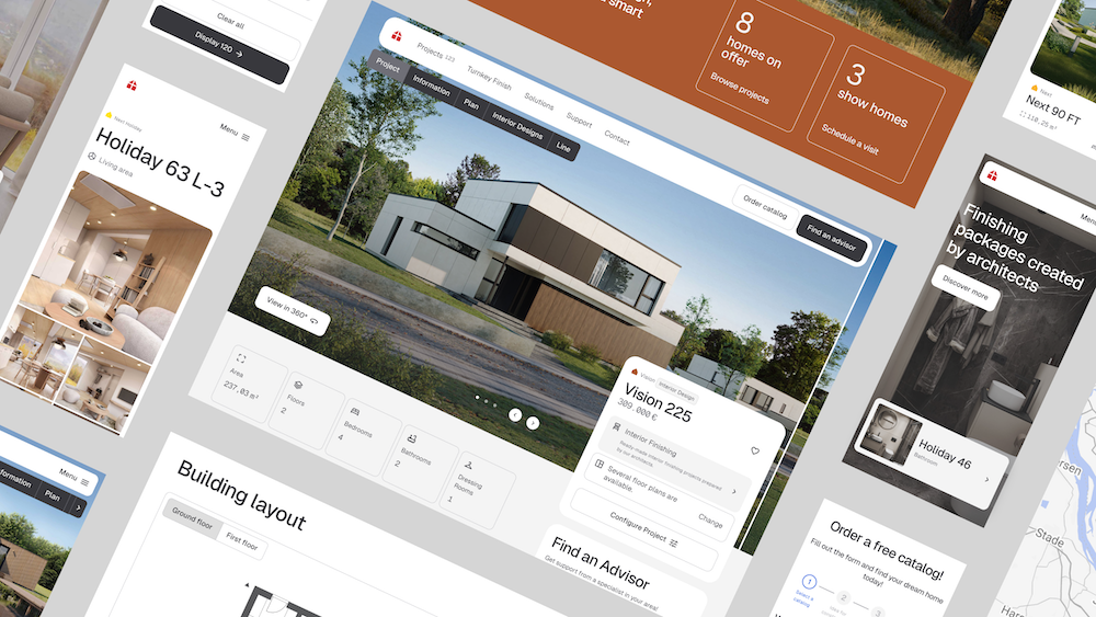 Screenshot presenting Danwood's new website based on Magnolia CMS – a catalog of prefabricated houses with Holiday and Vision designs, an interior configurator, building plans, a presentation of finishing packages prepared by architects, and a section for ordering a free catalog. The interface has been designed with both mobile and desktop users in mind.