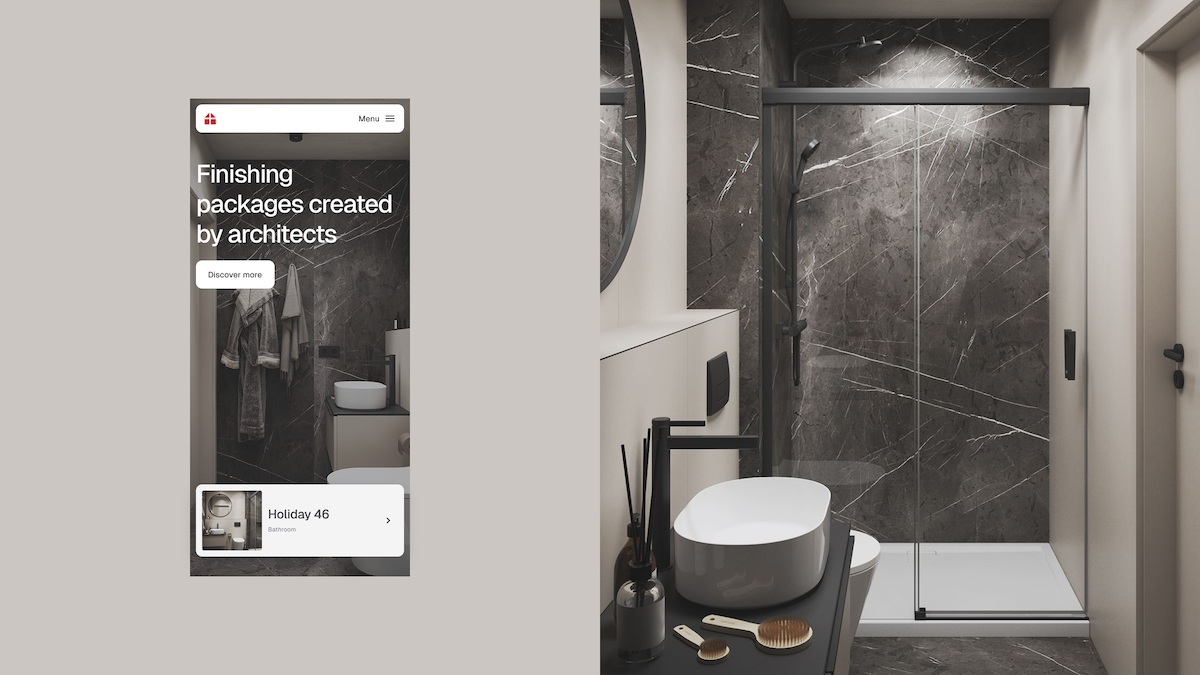 View of a modern bathroom in a Danwood prefabricated house – dark marble tiles, designer fittings, walk-in shower and functional built-in furniture. On the left, the Magnolia CMS mobile interface with a presentation of interior finishing packages prepared by architects.