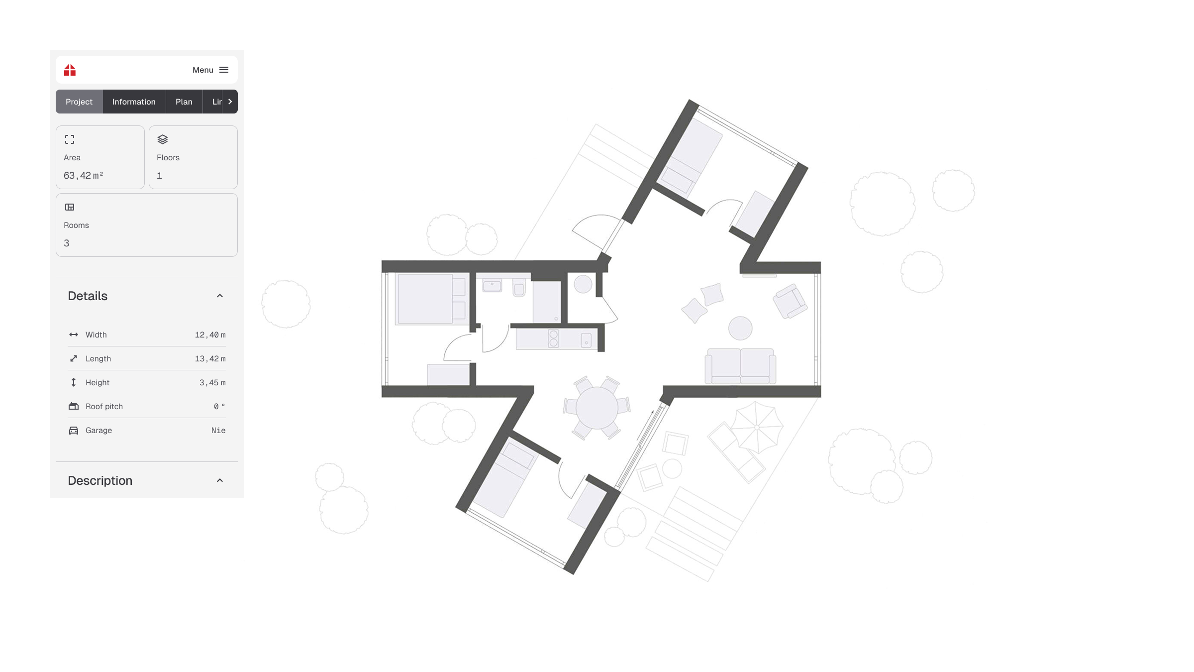 Functional layout of the Danwood Holiday 63 L-3 single-story prefabricated house with three rooms, a living area, and a terrace. On the left, a view of the Magnolia CMS panel with information about the project – area 63.42 m², technical parameters, and room layout.