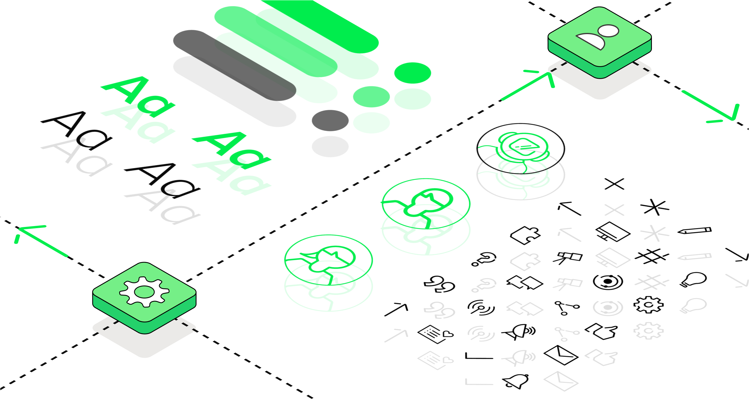 Ilustracja przedstawiająca kluczowe elementy design systemu. Podzielona na cztery sekcje, ukazuje m.in. schematy kolorystyczne, typografię, ikonografię oraz komponenty interfejsu użytkownika. Kolorystyka opiera się na odcieniach zieleni, czerni i szarości, a minimalistyczne, izometryczne elementy podkreślają modularność i uporządkowaną strukturę design systemu.