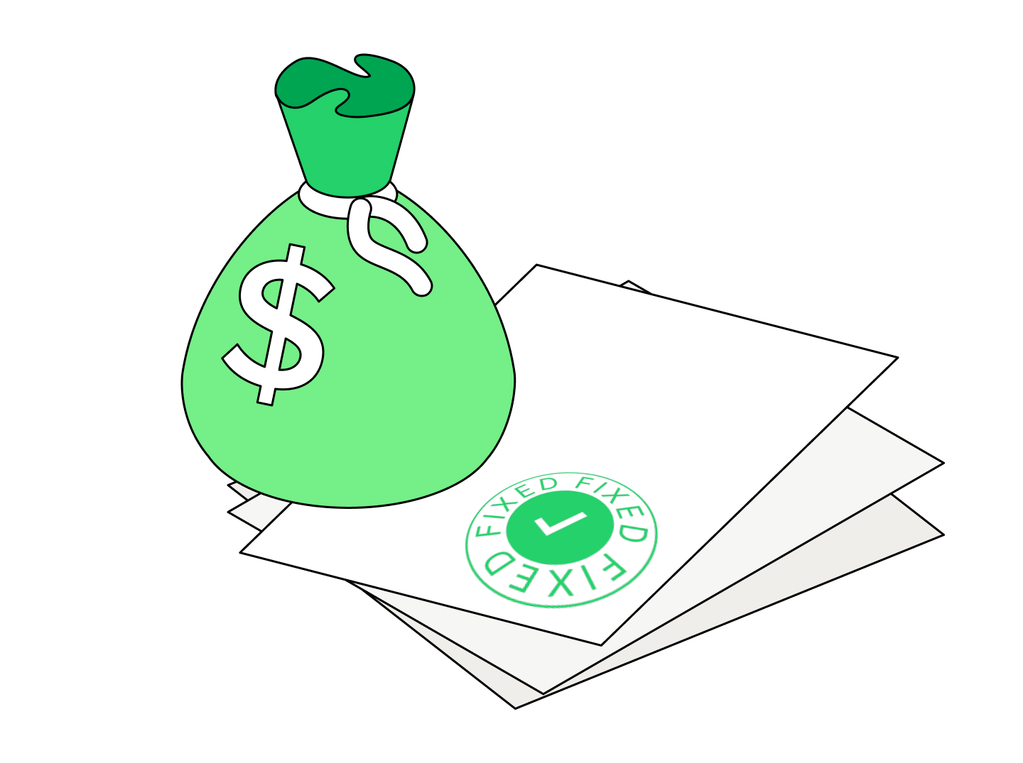 An infographic showing the Fixed Price model. The graphic shows a bag with a dollar sign and a document with the seal “Fixed Price.” This model represents a predetermined price for an IT project with a well-defined scope.