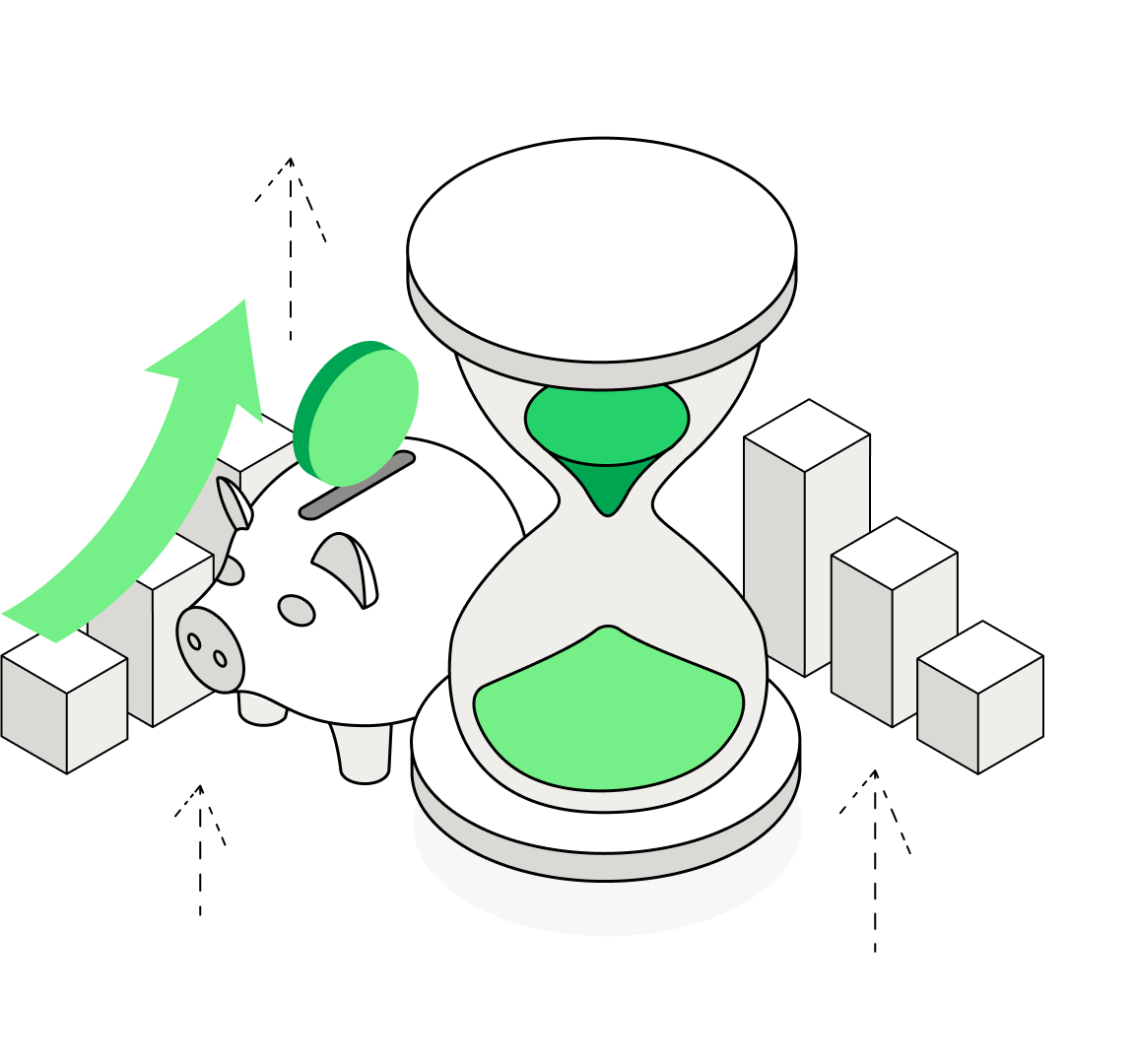 An infographic illustrating the Time & Material billing model, showing an hourglass clock, piggy bank and graphs. The model is based on the flexibility of billing according to the IT partner's actual time.