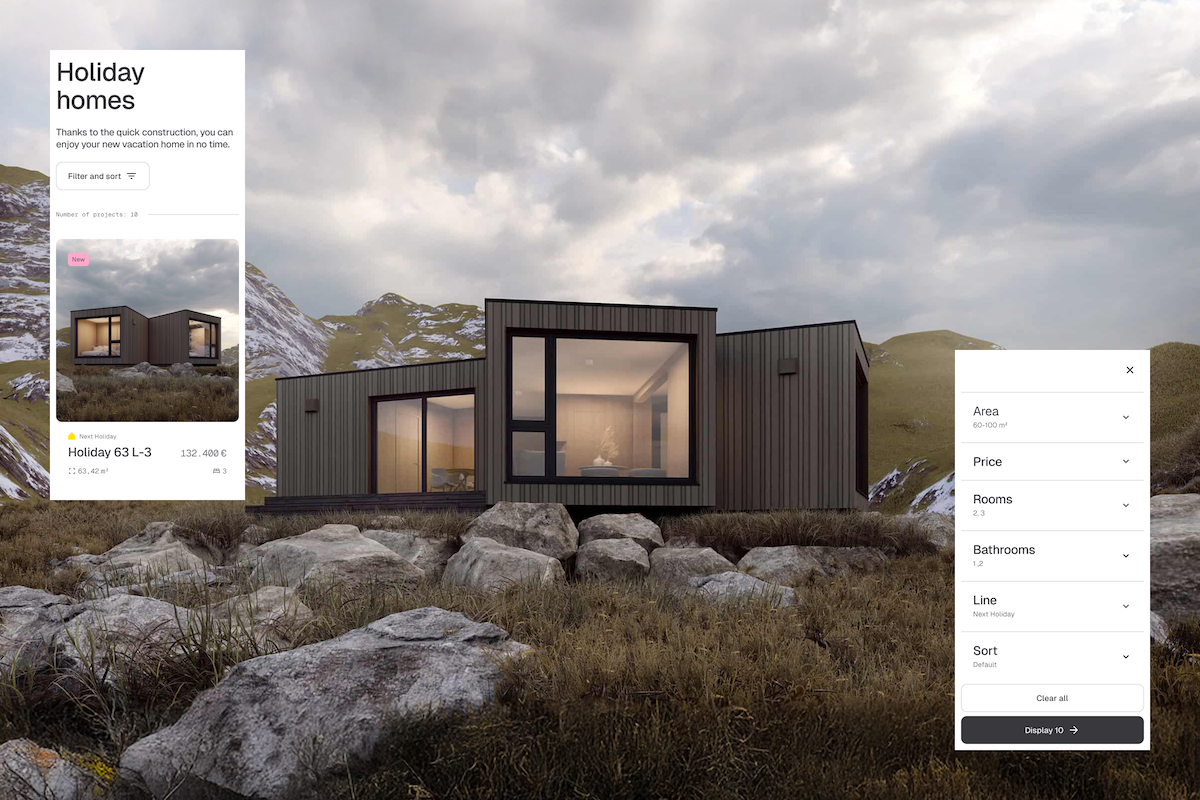 A modern Danwood holiday home with large windows, located in a mountainous landscape. On the left, you can see the interface of the prefabricated house catalogue in Magnolia CMS with the Holiday 63 L-3 model, and on the right, a filter panel allowing you to select the floor space, price, number of rooms and bathrooms.