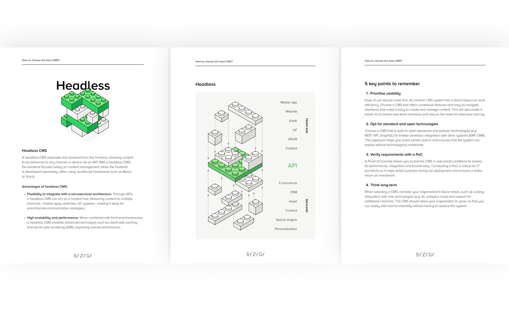 The pages from the e-book ‘How to choose the best CMS for you?’ - include a description of Headless CMS with graphics showing its architecture and a ‘5 key tips’ section when choosing a CMS, which covers aspects such as ease of use, technology choice, Proof of Concept (PoC) and forward thinking.