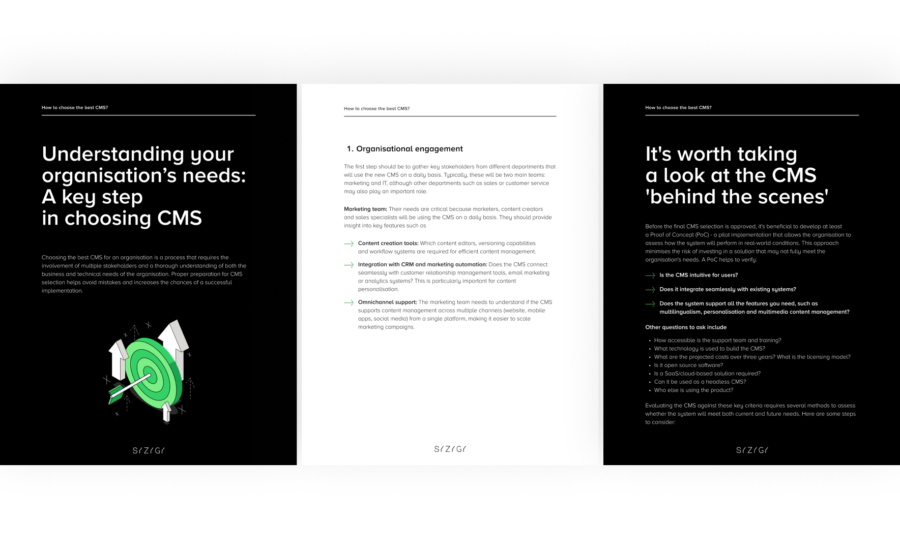 Pages from the e-book ‘How do you choose the best CMS for you?’ - include chapters on understanding your organisation's needs when choosing a CMS, engaging key departments such as marketing and sales, and a section on ‘It's worth checking out the CMS from behind the scenes,’ which includes questions to help evaluate the functionality and integration of the system before making a decision.
