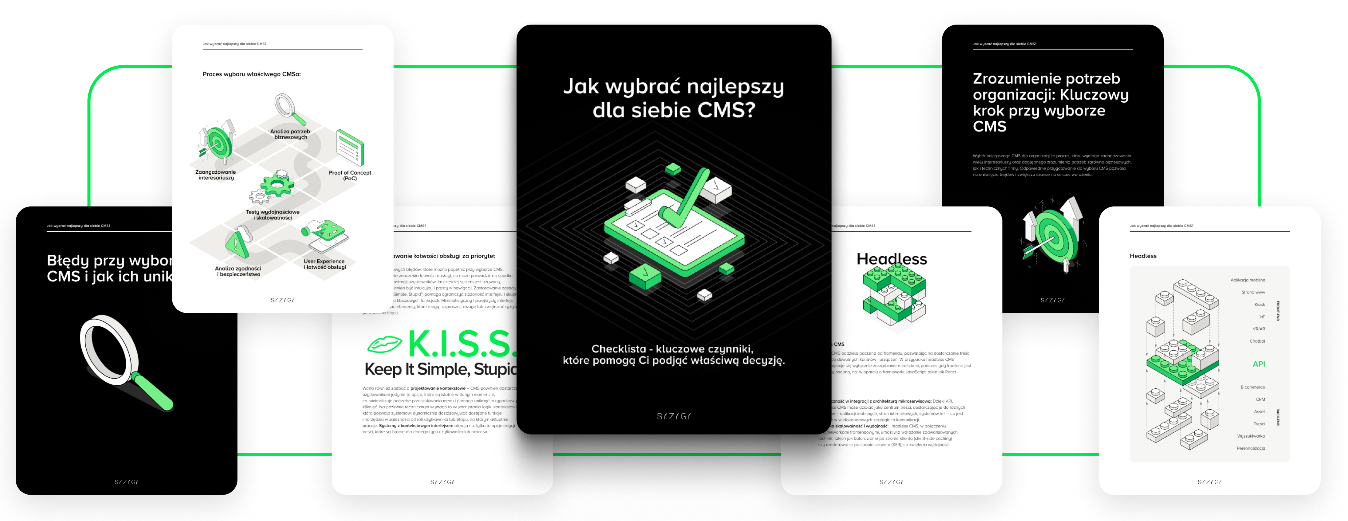 Przykładowe strony z e-booka „Jak wybrać najlepszy dla siebie CMS?” – przewodnik z kluczowymi czynnikami wyboru CMS, checklistami, analizą potrzeb organizacji i przeglądem systemów takich jak monolit, headless oraz hybryda CMS.
