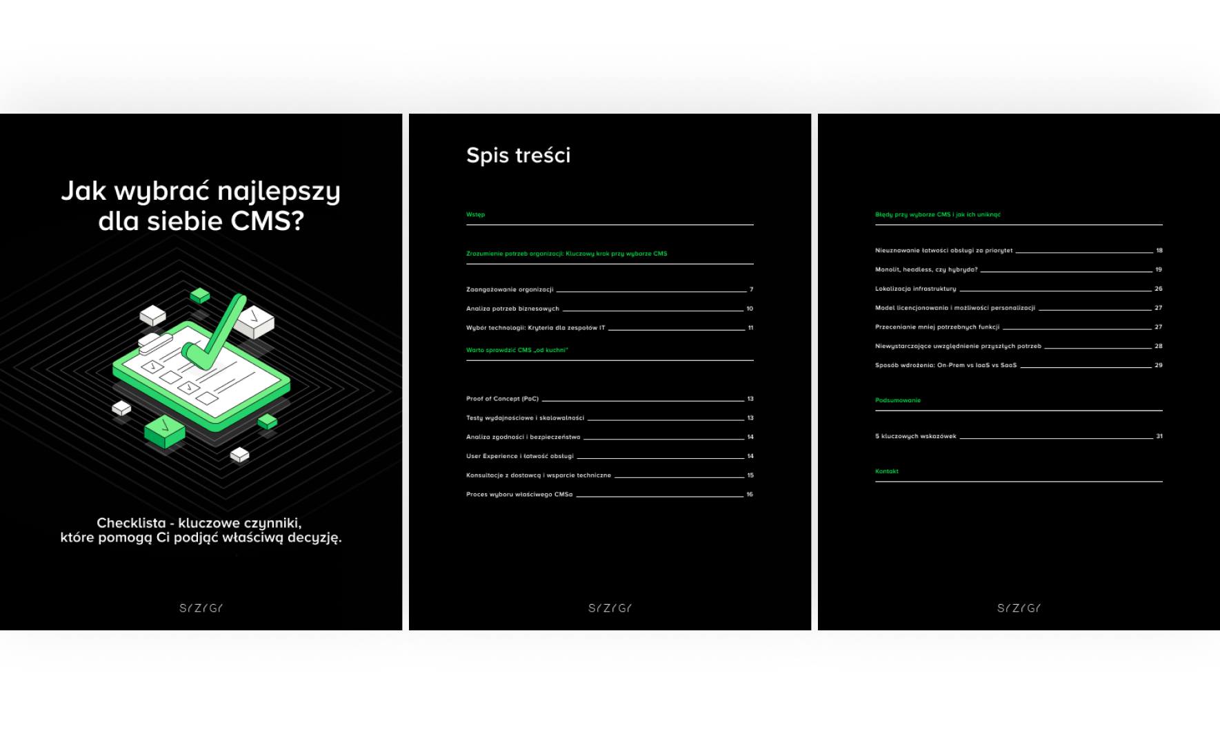 Widok e-booka „Jak wybrać najlepszy dla siebie CMS?” – okładka i spis treści, który obejmuje kluczowe tematy, takie jak analiza potrzeb organizacji, wybór technologii, Proof of Concept, testy wydajności, oraz błędy przy wyborze CMS i jak ich unikać.