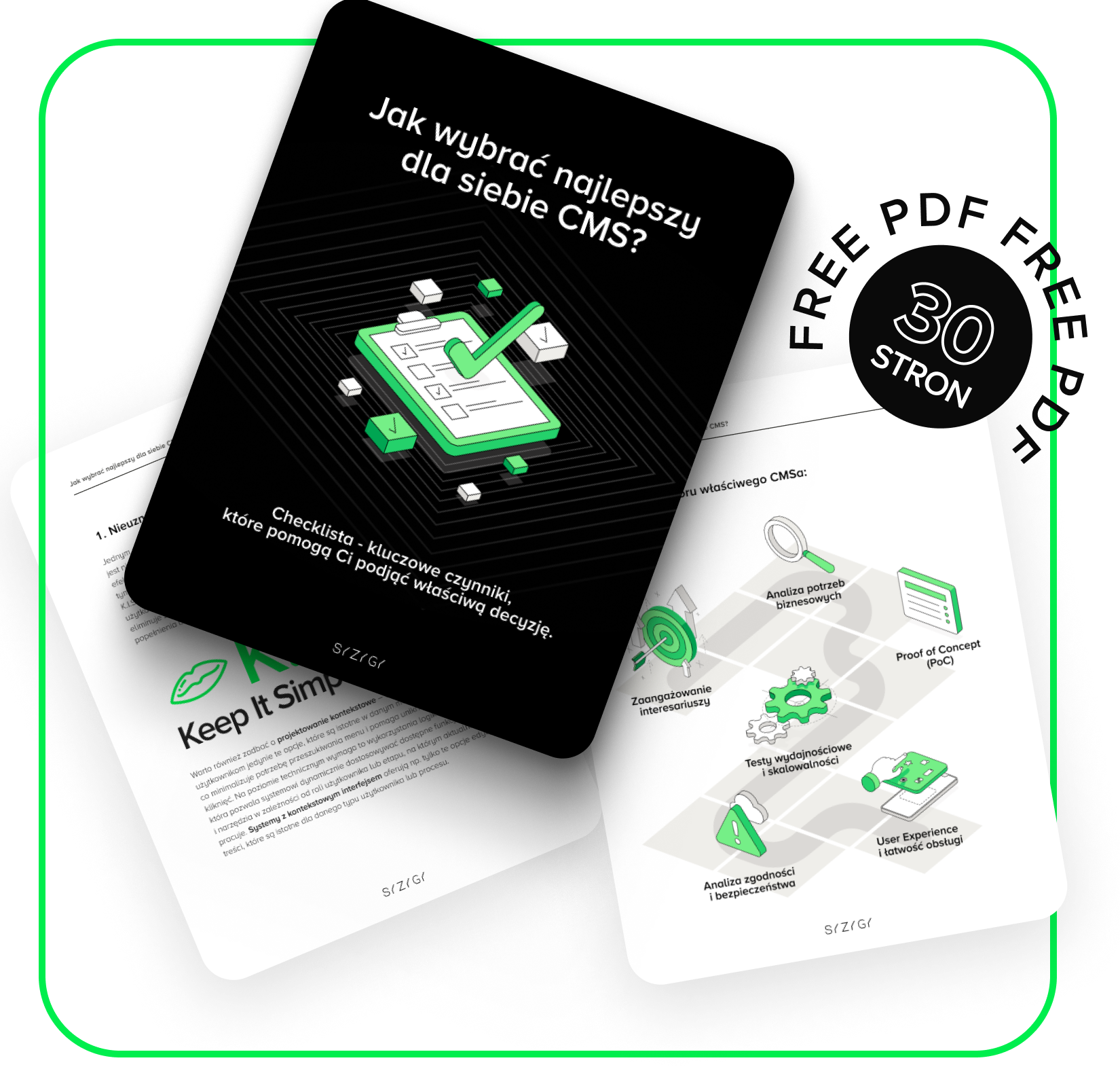 Grafika promująca e-book „Jak wybrać najlepszy dla siebie CMS?” – zawiera okładkę i przykładowe strony z e-booka oraz informację „FREE PDF 30 stron.” E-book oferuje checklistę z kluczowymi czynnikami, które pomagają w wyborze CMS dostosowanego do potrzeb organizacji.