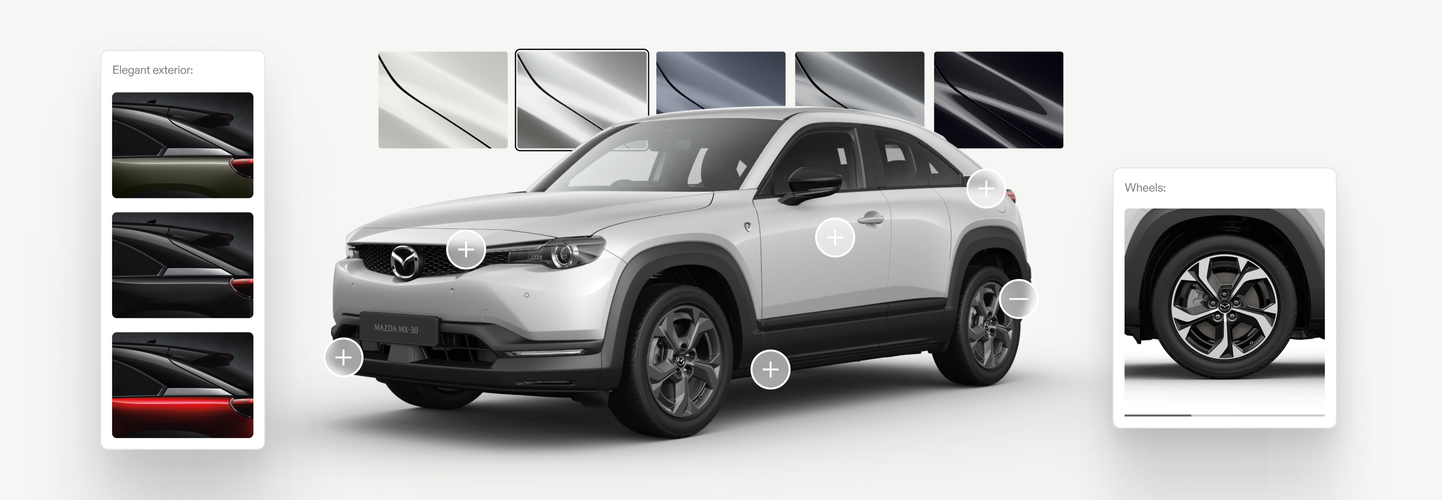 Konfigurator produktu - samochodu Mazda MX-30, prezentujący model w białym kolorze z możliwością dostosowania elementów. Na grafice widoczne są opcje wyboru do swoich potrzeb: koloru nadwozia i stylu felg. Panel po lewej stronie przedstawia profile nadwozia w różnych kolorach, a po prawej stronie podgląd szczegółów kół. Na modelu zaznaczone są punkty prezentujące możliwość stworzenia własnych ustawień i funkcjonalności.