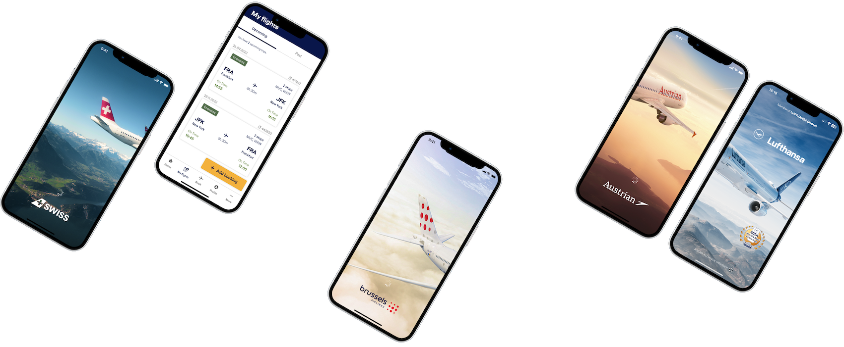 Aplikacje mobilne linii lotniczych z Grupy Lufthansa: ekrany startowe i widoki główne aplikacji Lufthansa, SWISS, Austrian Airlines oraz Brussels Airlines – zaprojektowane w spójnym ekosystemie.