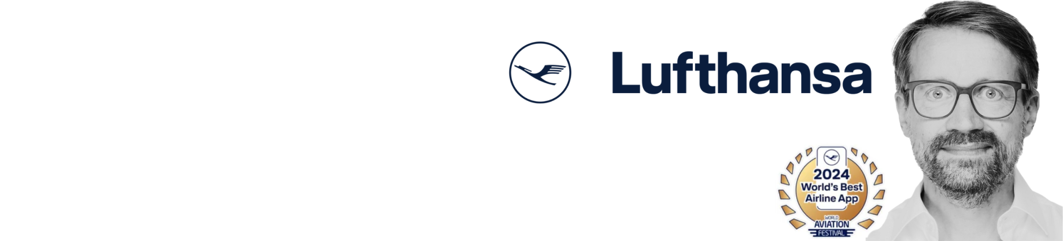 Wolfgang Reuthner z Lufthansa Group obok logotypu firmy i odznaczenia ‘2024 World’s Best Airline App’ przyznanego aplikacji mobilnej Lufthansa.