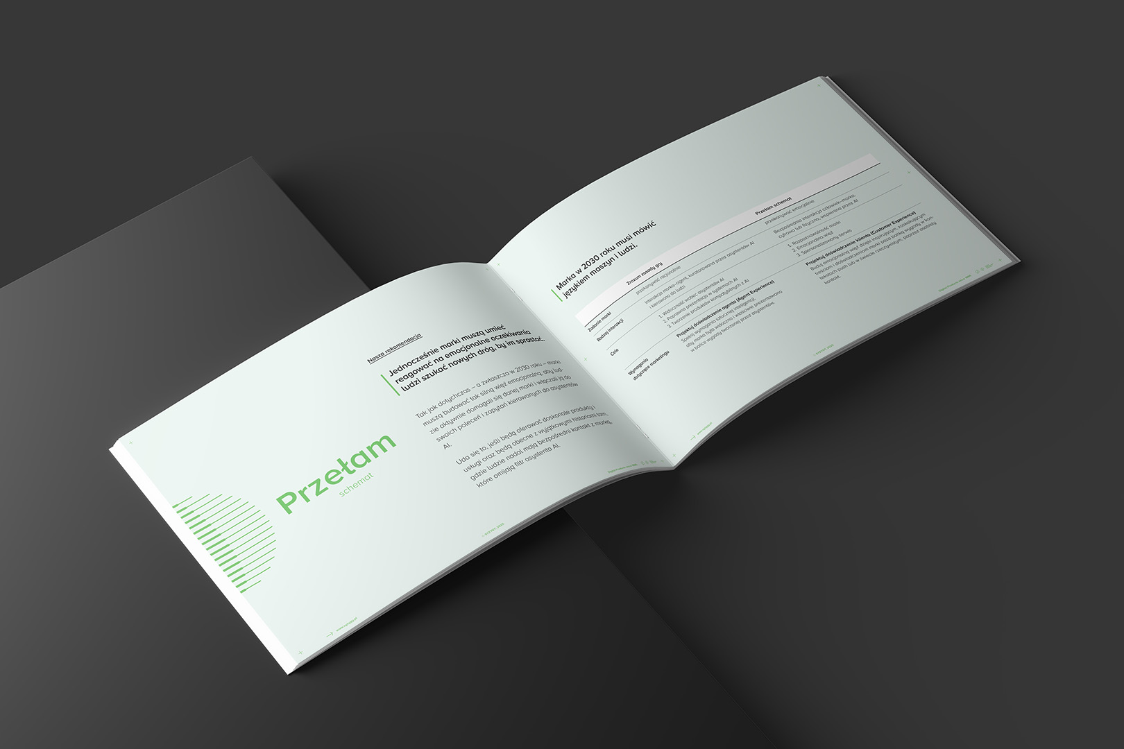 Rozkładówka raportu „Marketing 2030” z rozdziałem o przełomie w marketingu oraz tabelą trendów i nowych potrzeb konsumentów.