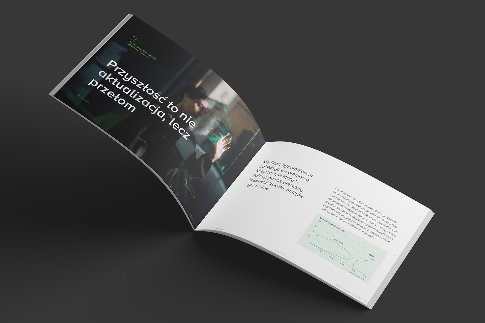 Rozkładówka raportu „Marketing 2030” pokazująca rozdział o przełomie w marketingu i e-commerce oraz analizę trendów z wykresem.