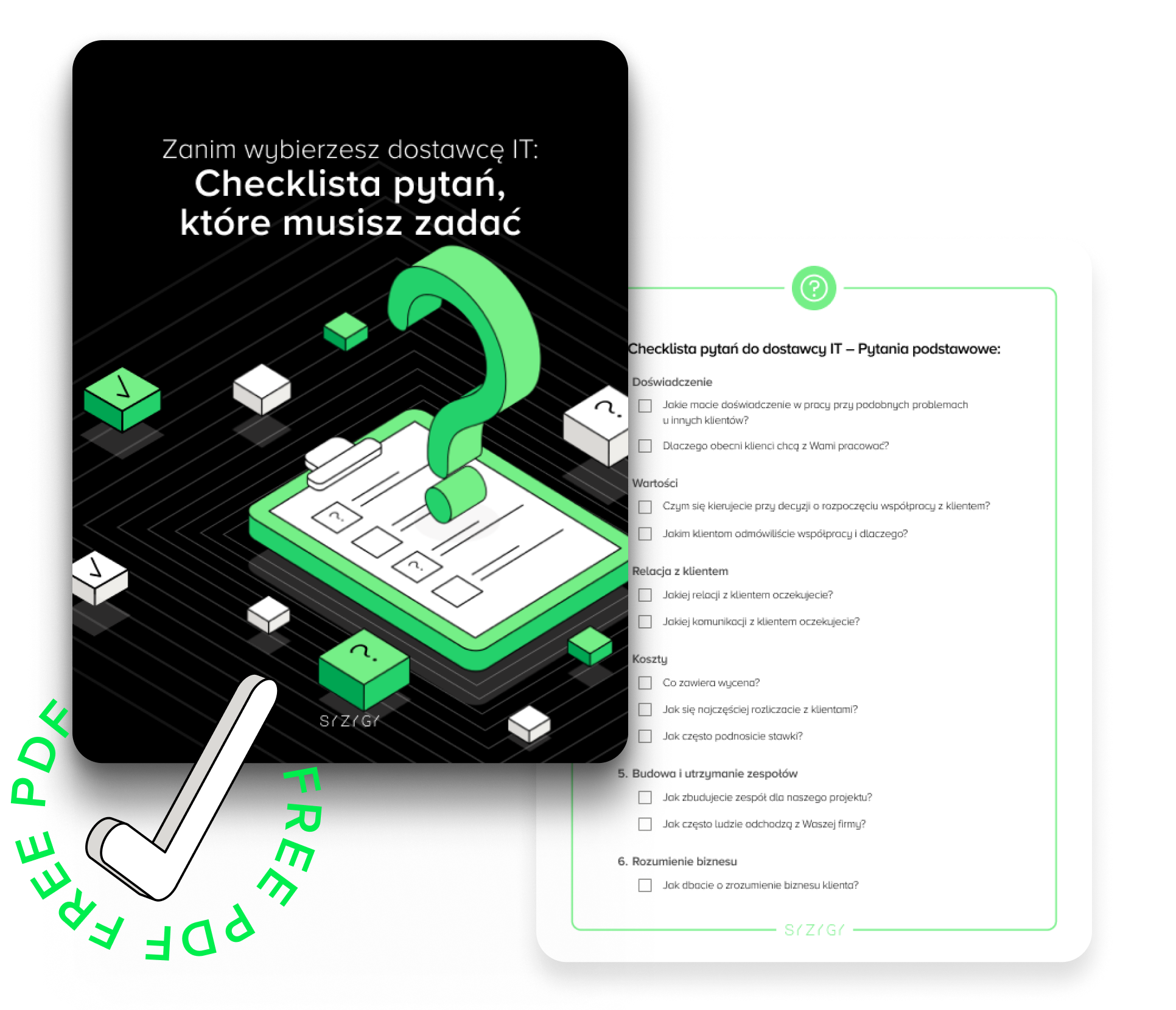 Prezentacja PDF: „Zanim wybierzesz dostawcę IT: Checklista pytań, które musisz zadać”, ukazująca kluczowe sekcje dokumentu i podkreślająca jego praktyczność w ocenie partnerów IT.