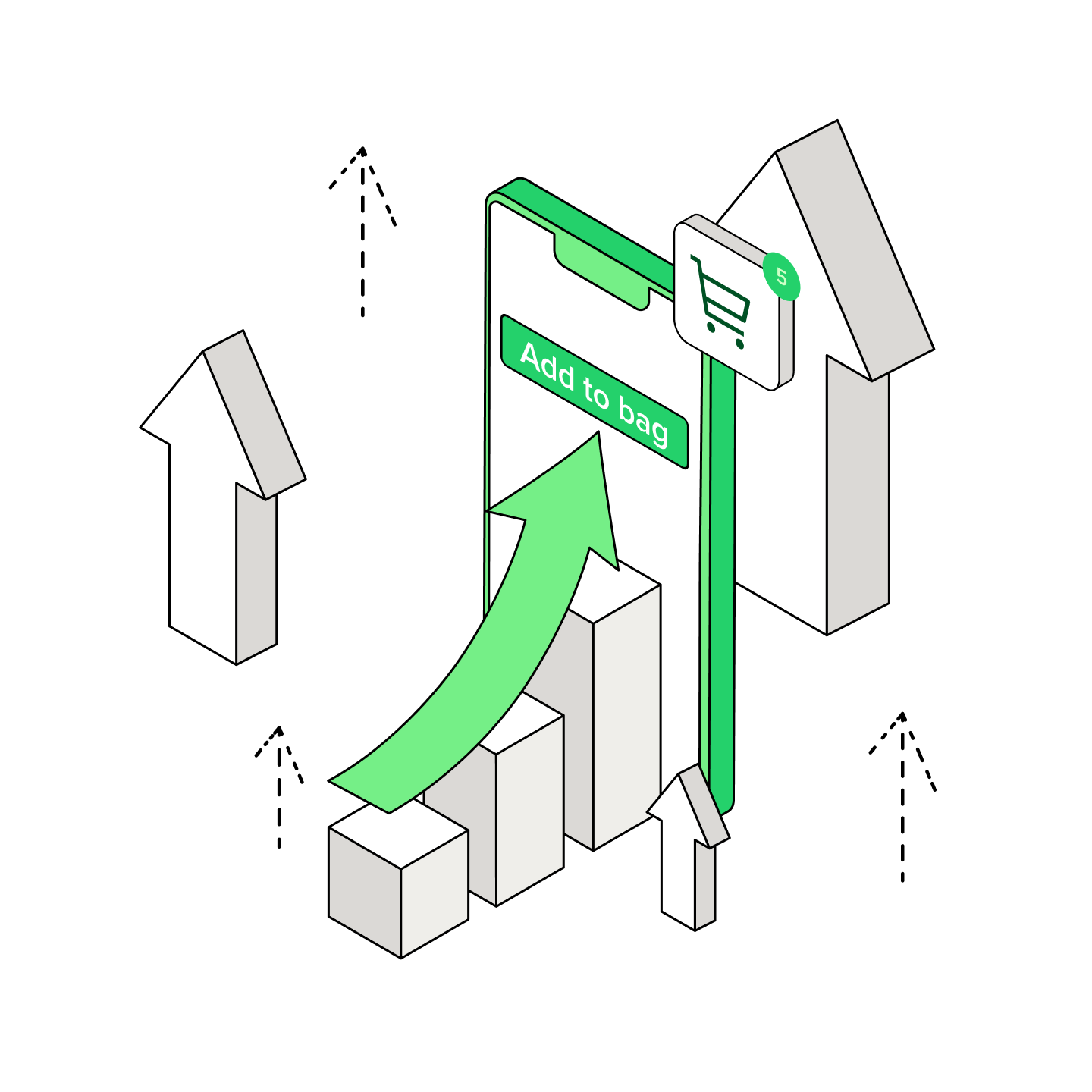 Ilustracja przedstawia smartfon na poziomie schematu technicznego – jego wnętrze tworzy zintegrowany układ symbolicznych połączeń: zębate tryby (synchronizacja), strzałki danych (API), termometr i radar (skalowalność), linie łączące smartfon z ikonami ERP, CRM, magazynu i płatności. Grafika metaforycznie ukazuje postęp technologiczny w obszarze m-commerce, gdzie współcześni klienci oczekują błyskawicznego działania i możliwości wykonywania transakcji przy użyciu „komputerów kieszonkowych”. Całość symbolizuje dążenie firm do skutecznej integracji procesów zakupowych i analiz danych na różnych platformach, by skutecznie sfinalizować transakcję i przyciągać nowych klientów.