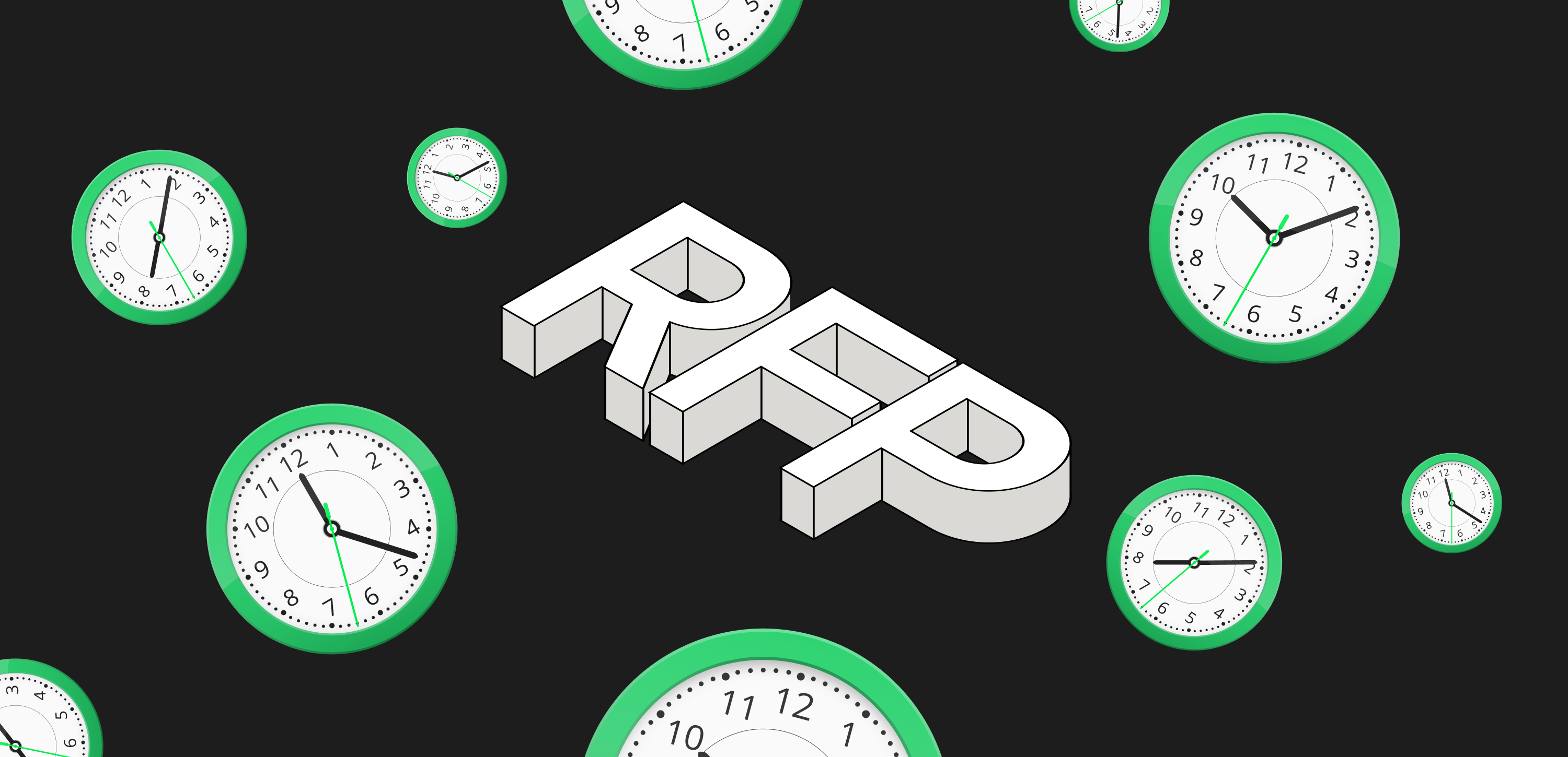 Ilustracja przedstawiająca litery „RFP” (Request for Proposal) otoczone zegarami symbolizującymi czasochłonność procesu składania ofert na wdrożenie systemu CMS. Zamawiający w sektorze publicznym i prywatnym powinni skrócić czas przetargu, stosując przejrzyste kryteria oceny ofert, które przyspieszą udzielenie zamówienia i podpisanie umowy na realizację usług wdrożeniowych.