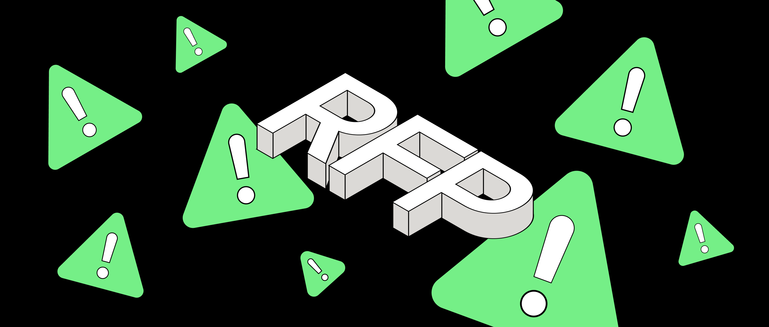 Napis RFP otoczony ikonami ostrzeżeń, symbolizujący błędy w opisie przedmiotu zamówienia oraz narzucone szablony w procesach związanych z zamówieniami publicznymi.