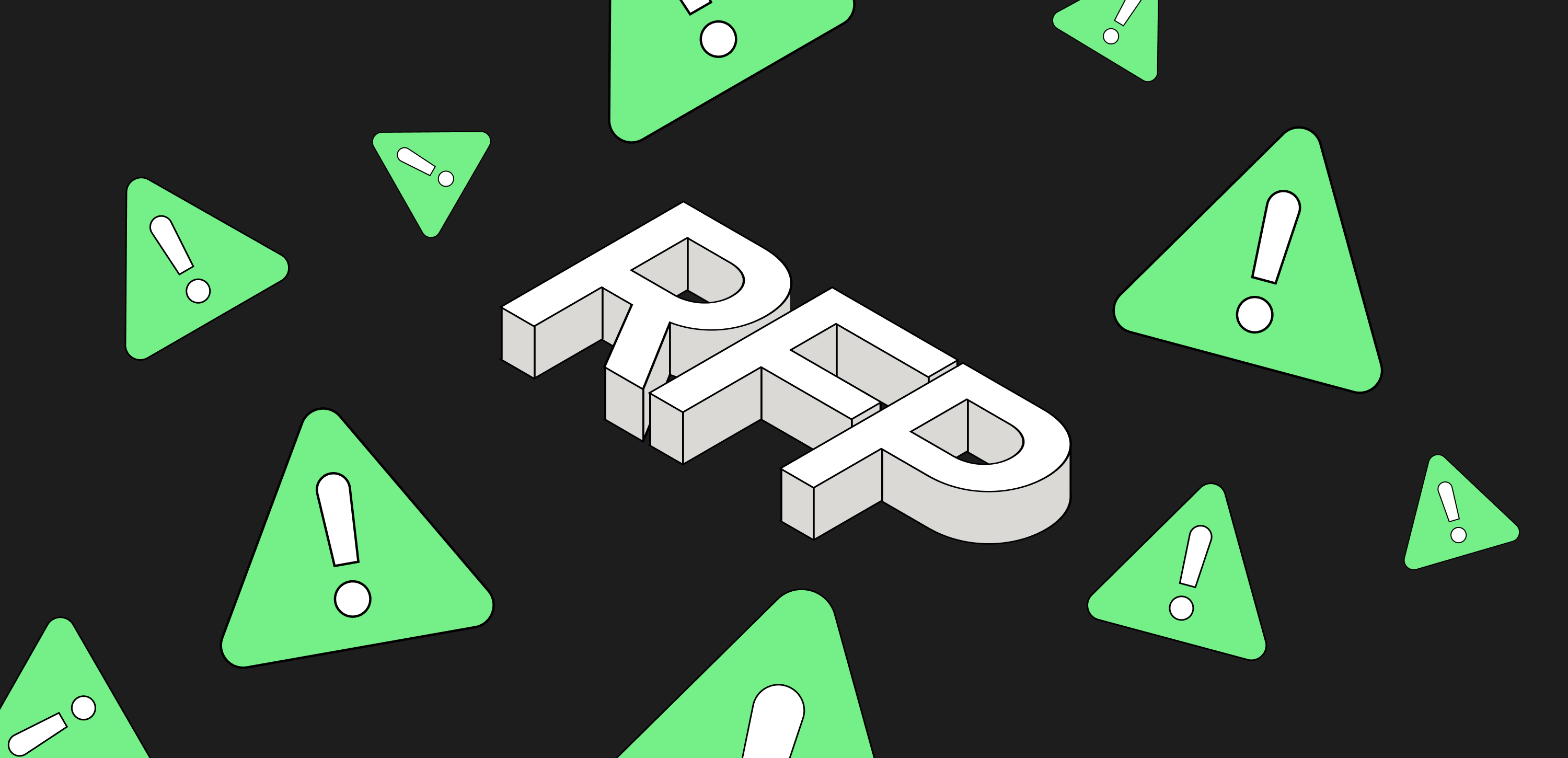 Napis RFP otoczony ikonami ostrzeżeń, symbolizujący błędy w opisie przedmiotu zamówienia oraz narzucone szablony w procesach związanych z zamówieniami publicznymi.