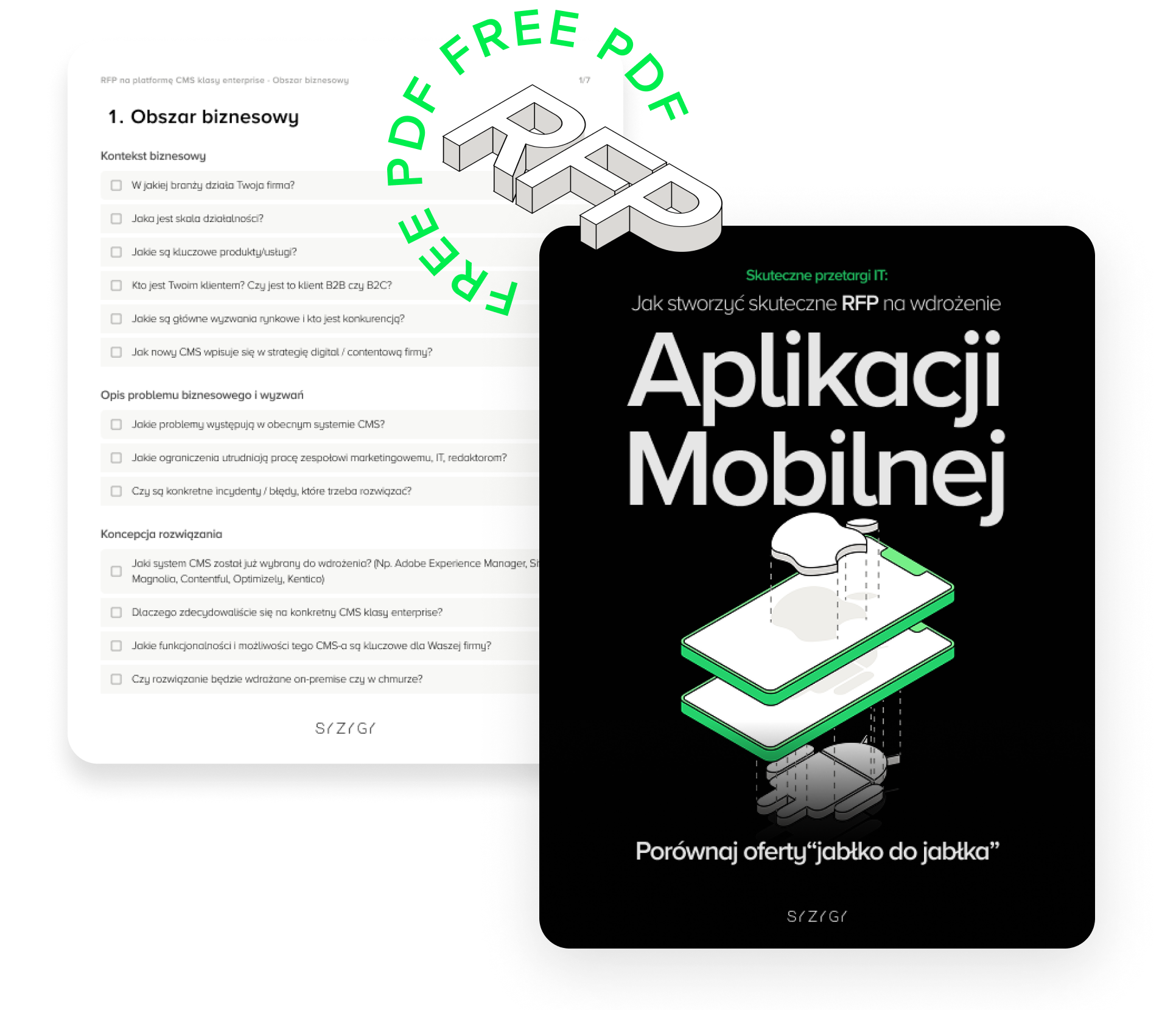 Okładka bezpłatnego PDF-a: ‘Jak stworzyć skuteczne RFP na wdrożenie aplikacji mobilnej’. W tle fragment checklisty dotyczącej obszaru biznesowego. Hasło przewodnie: ‘Porównaj oferty jabłko do jabłka’.
