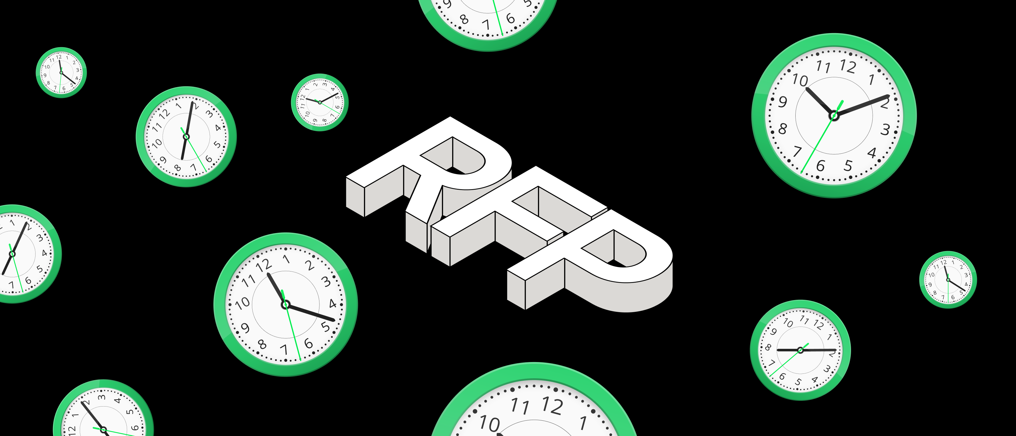Illustration showing the letters ‘RFP’ (Request for Proposal) surrounded by clocks symbolising the time-consuming nature of the CMS implementation bidding process. Contracting authorities in the public and private sectors should reduce the tender time by using transparent bid evaluation criteria to speed up the award of the contract and the signing of the implementation services contract.