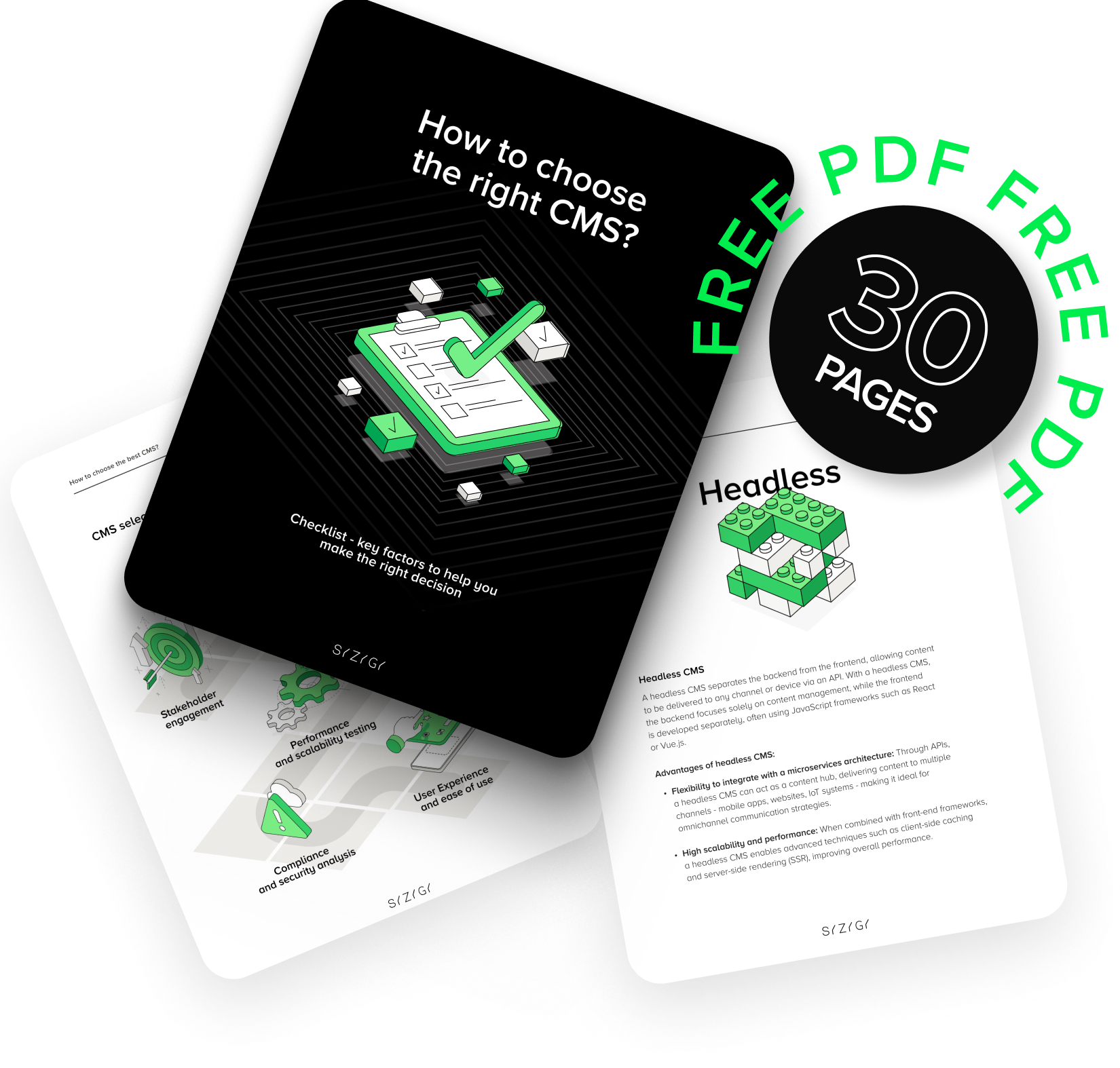Cover and preview of SYZYGY’s free e-book “How to choose the right CMS?” – a 30-page PDF guide with a practical checklist for selecting a content management system. Includes key insights on headless CMS, performance, security, usability, and scalability – tailored for business and tech decision-makers.