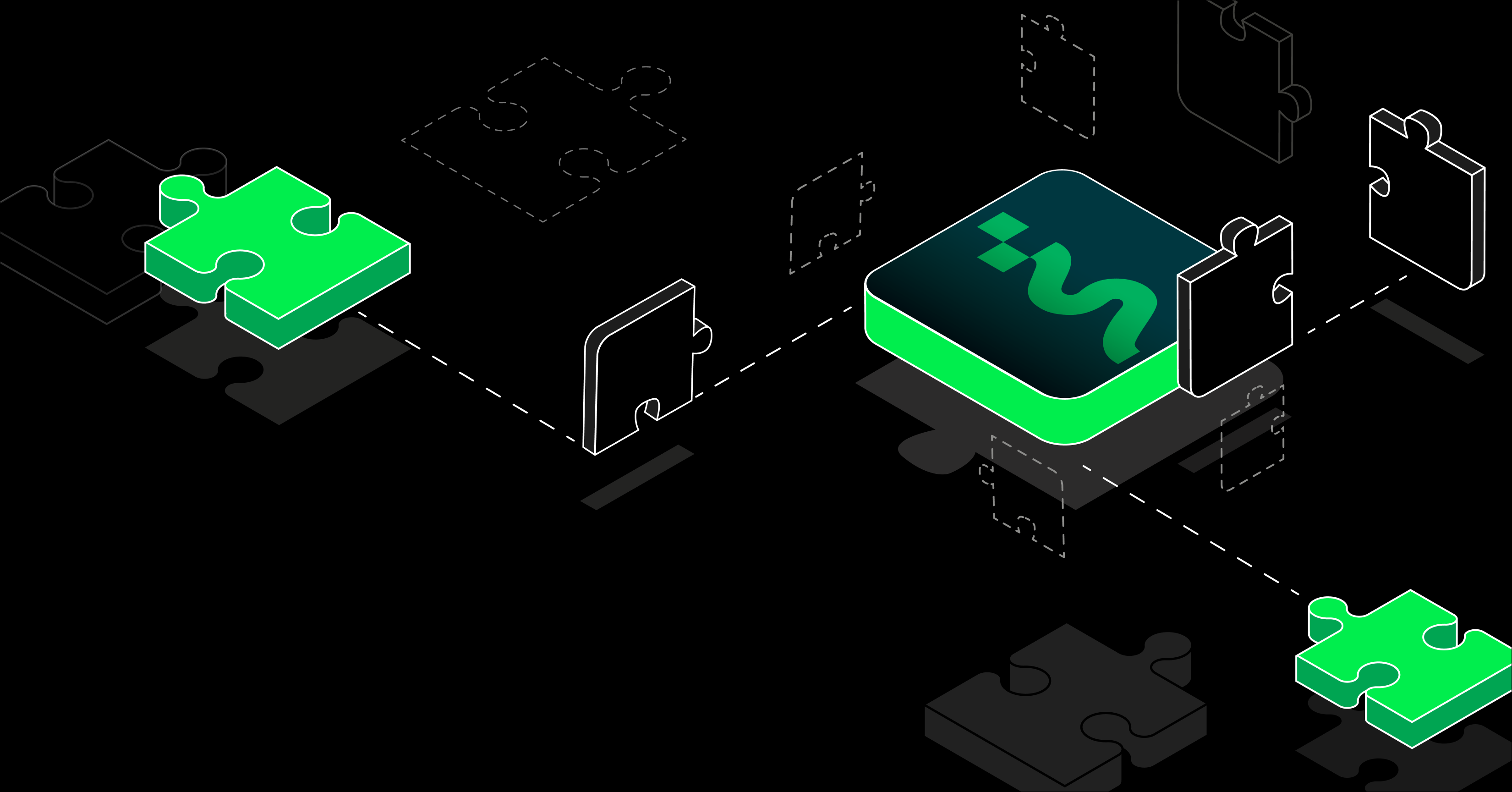 The illustration shows green puzzle pieces on a black background, symbolising the modular and flexible implementation of Magnolia CMS. One of the puzzles contains an icon reminiscent of the Magnolia logo, emphasising the integration and consistency of the system in the IT ecosystem. The dashed lines and outlines suggest the adaptability of the various components, reflecting the scalability and personalisation of the enterprise solution.