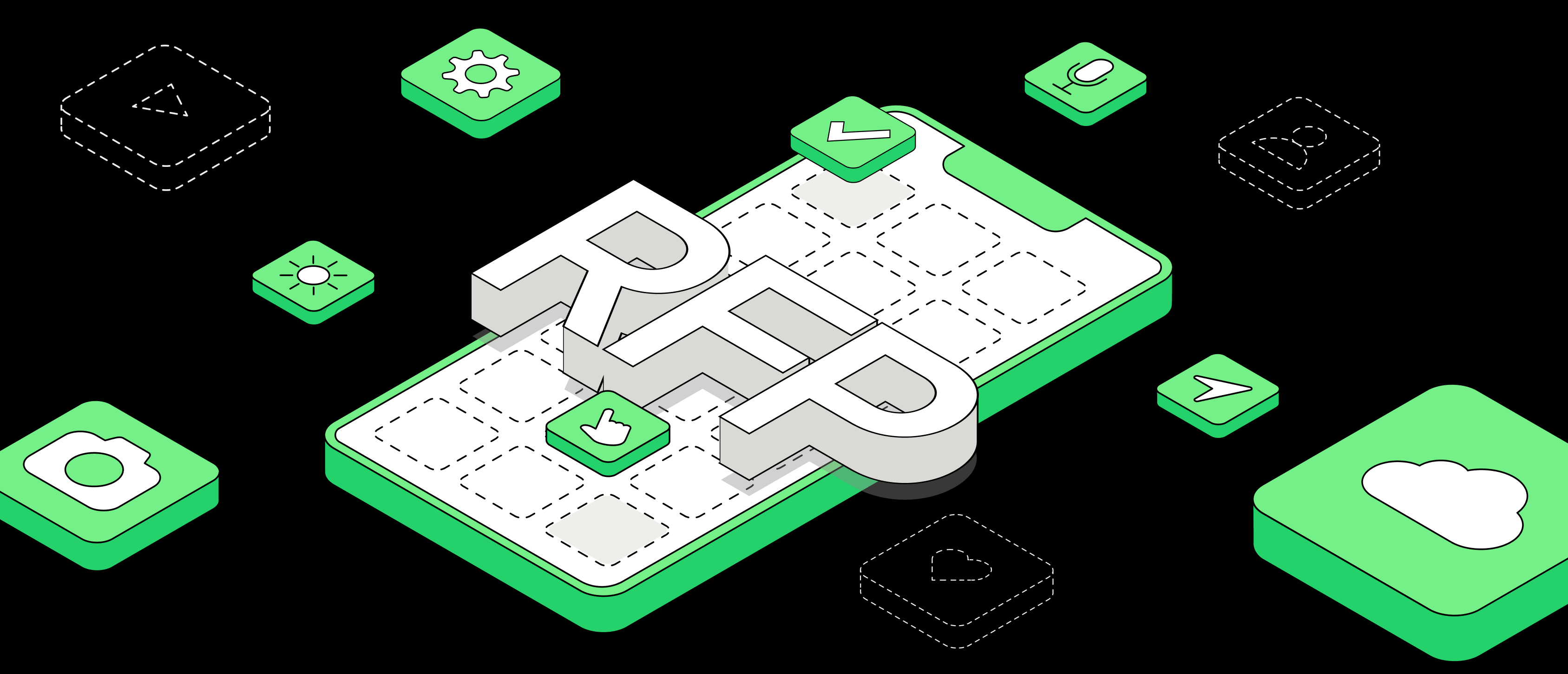 Coverage of an RFP (request for proposal) article, featuring a large ‘RFP’ caption against a mobile application interface with functionality icons. The illustration refers to the process of preparing a request for proposal, writing up the requirements and selecting a technology partner. Illustration showing a phone with large ‘RFP’ lettering and icons of mobile app functionality. The visualisation refers to the process of preparing a request for proposal for the implementation of the application, with the focus on defining functional requirements and selecting an IT provider.