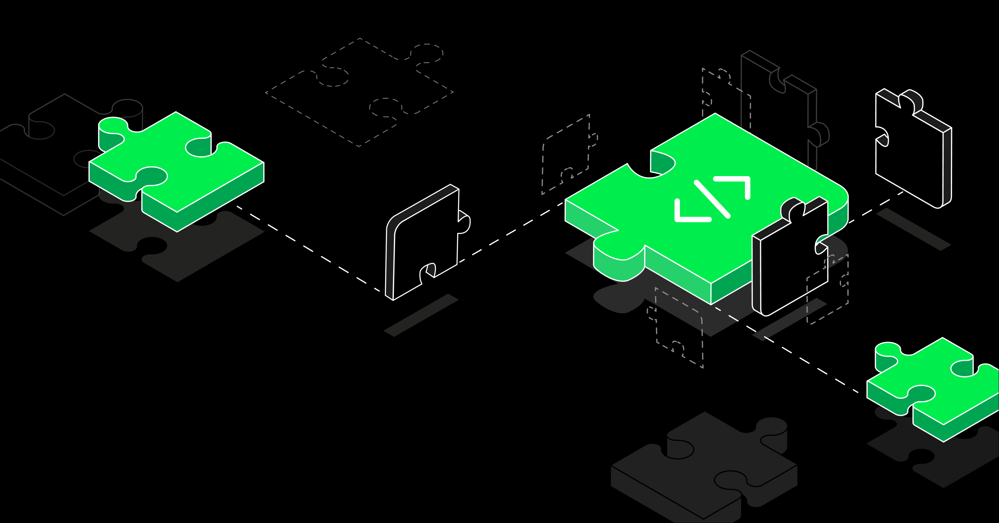 An illustration featuring green puzzle pieces on a black background, symbolizing the modular and flexible implementation of an Enterprise CMS. One puzzle piece contains a code icon, representing development and system integration. Dashed lines and outlines indicate the ability to connect different components, reflecting the scalability and configurability of the system: Enterprise CMS, Magnolia CMS, AEM and more