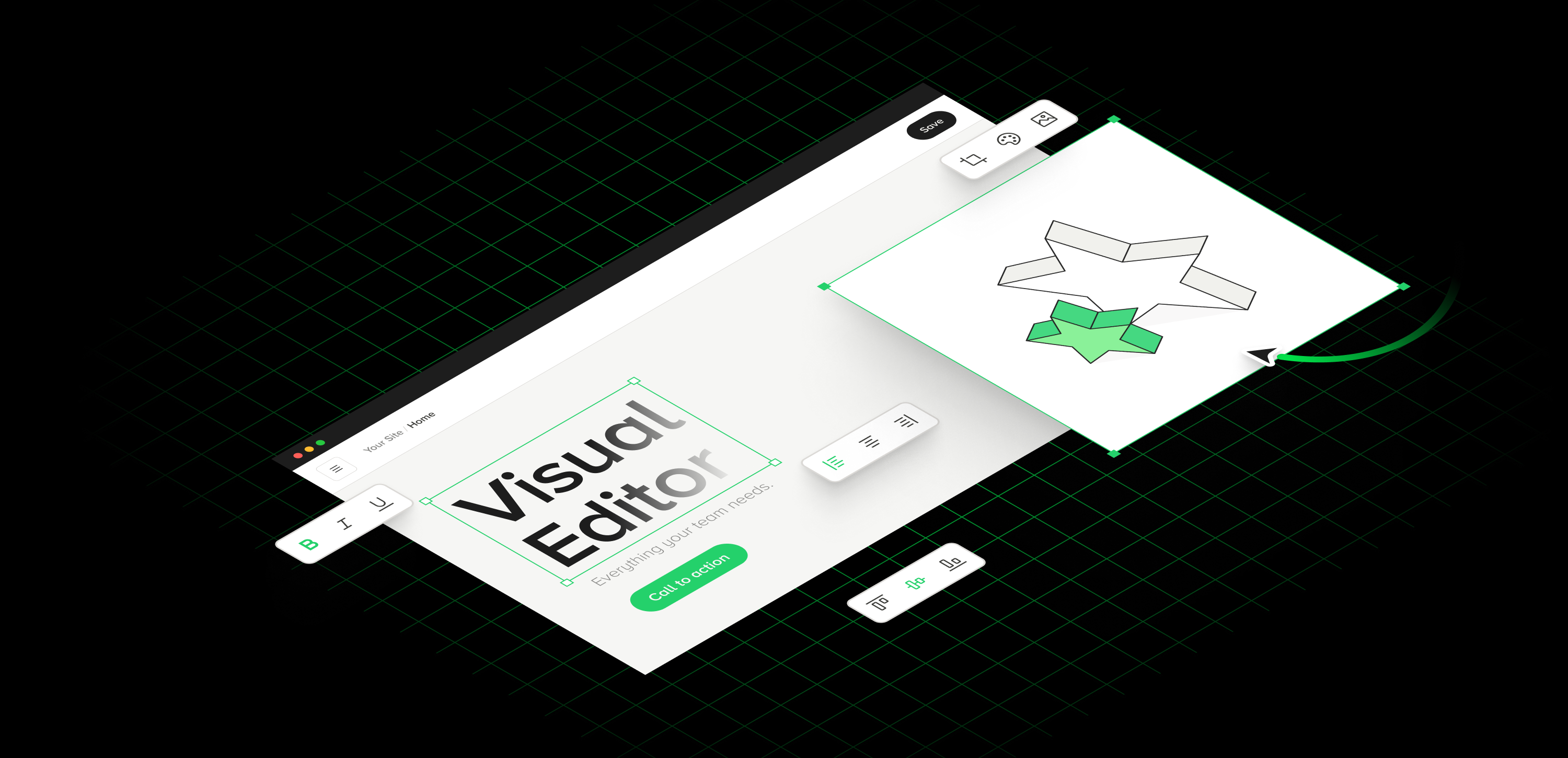 Minimalistyczny widok edytora wizualnego (visual editor) w systemie zarządzania treścią (content management system, CMS), pokazujący intuicyjne budowanie strony internetowej za pomocą modułowych komponentów. Grafika ilustruje łatwość obsługi podczas tworzenia landing page, aktualizacji strony oraz zarządzania treścią w systemach CMS (systemy zarządzania treścią). Panel edycji umożliwia użytkownikowi wprowadzenie treści i zarządzanie układem strony w prosty i efektywny sposób, wspierając funkcjonalność i intuicyjność oprogramowania. Przykład działania systemu zarządzania treścią w postaci stron www.