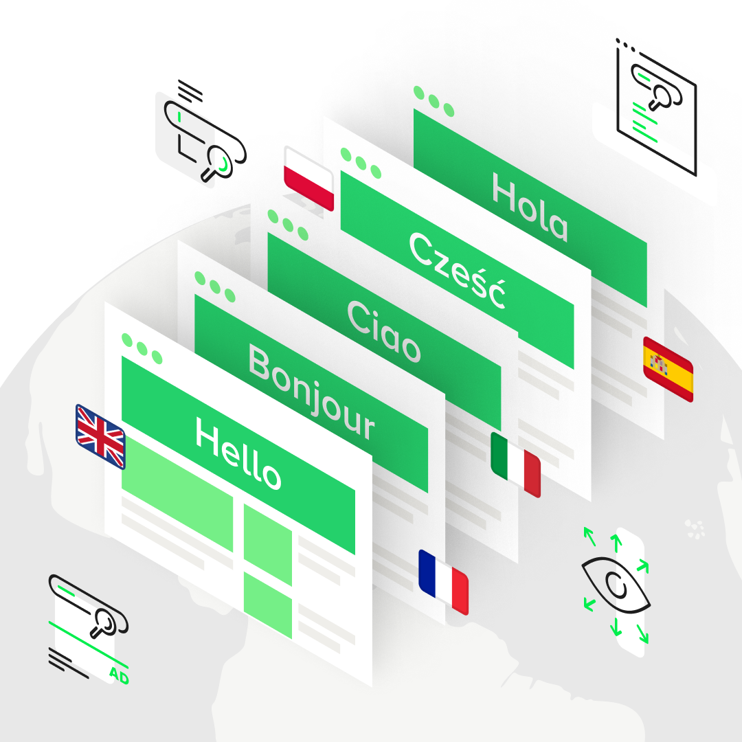 Ilustracja przedstawia różne wersje językowe strony: angielski, francuski, włoski, polski i hiszpański, symbolizując zarządzanie wielojęzycznymi stronami internetowymi. Grafika pokazuje potencjał wielojęzycznej witryny WordPress, obsługi menu nawigacyjnego WordPress oraz dodawania przełącznika języka. Rozwiązania takie wspierają dodawanie treści wielojęzycznych oraz optymalizację każdej wersji językowej.