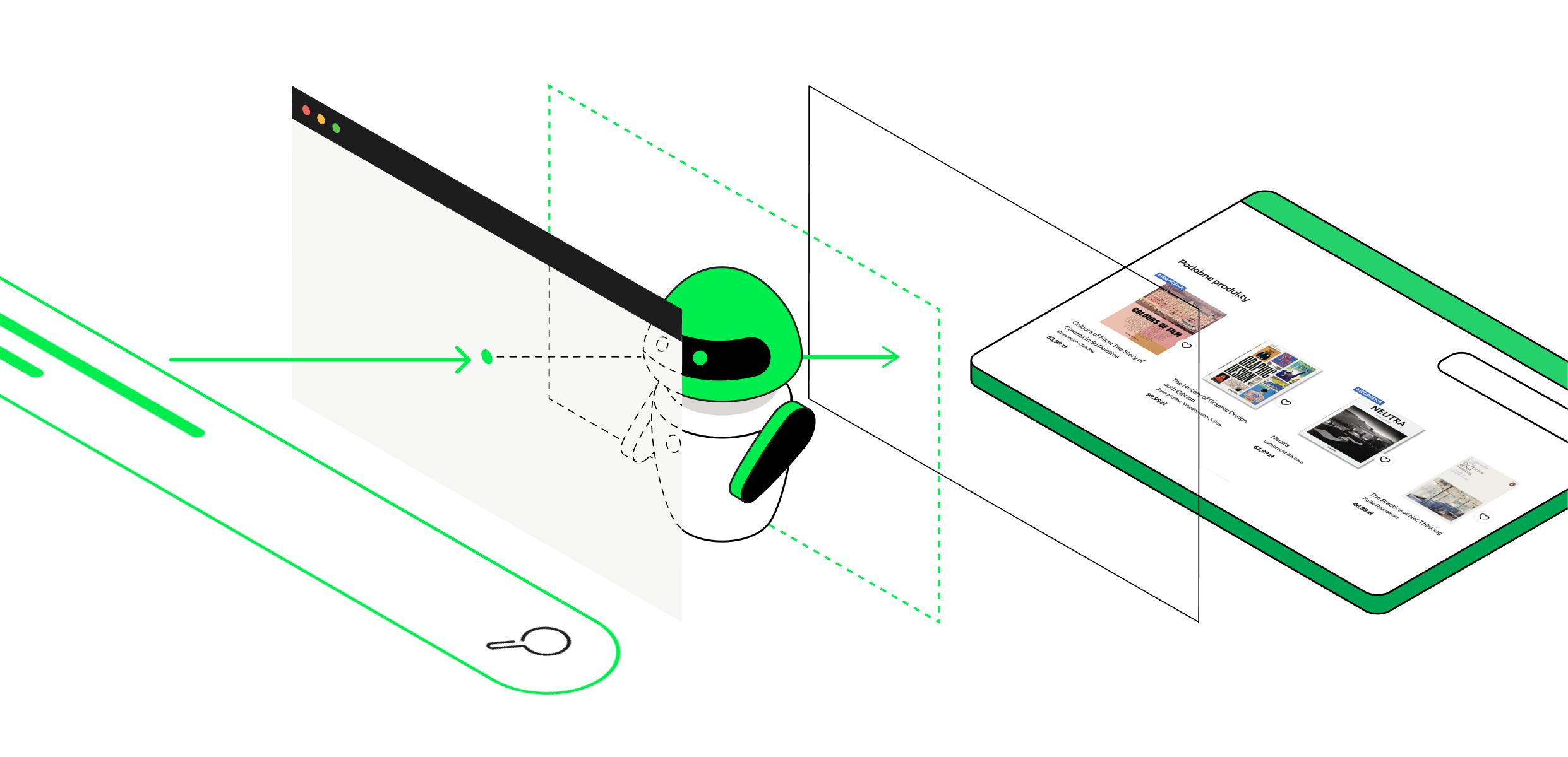 Grafika ilustrująca działanie wyszukiwania semantycznego w e-commerce: algorytm oparty na sztucznej inteligencji i przetwarzaniu języka naturalnego analizuje zapytanie użytkownika wpisane w wyszukiwarkę sklepu internetowego, rozpoznaje intencję zakupową i prezentuje trafne wyniki produktowe. Przedstawiony robot symbolizuje AI analizujące kontekst zapytania w czasie rzeczywistym, co zwiększa konwersję, poprawia UX i wspiera strategię SEO w nowoczesnych sklepach online.