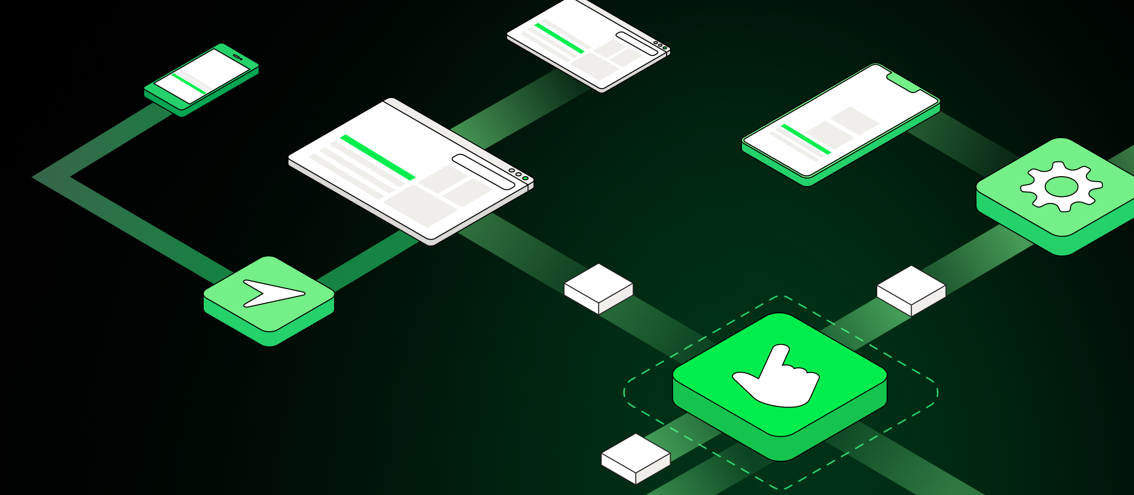 Ilustracja przedstawiająca strategię zarządzania treściami w modelu omnichannel (omnichannel marketing). Grafika pokazuje połączone kanały komunikacji, takie jak strona internetowa, aplikacja mobilna, e-mail marketing i systemy zarządzania treścią (CMS). Zielone ikony symbolizują automatyzację dystrybucji contentu (marketing automation / automatyzacja marketingu), centralne zarządzanie treściami i integrację systemów w celu zapewnienia spójności przekazu we wszystkich punktach styku z klientem.
