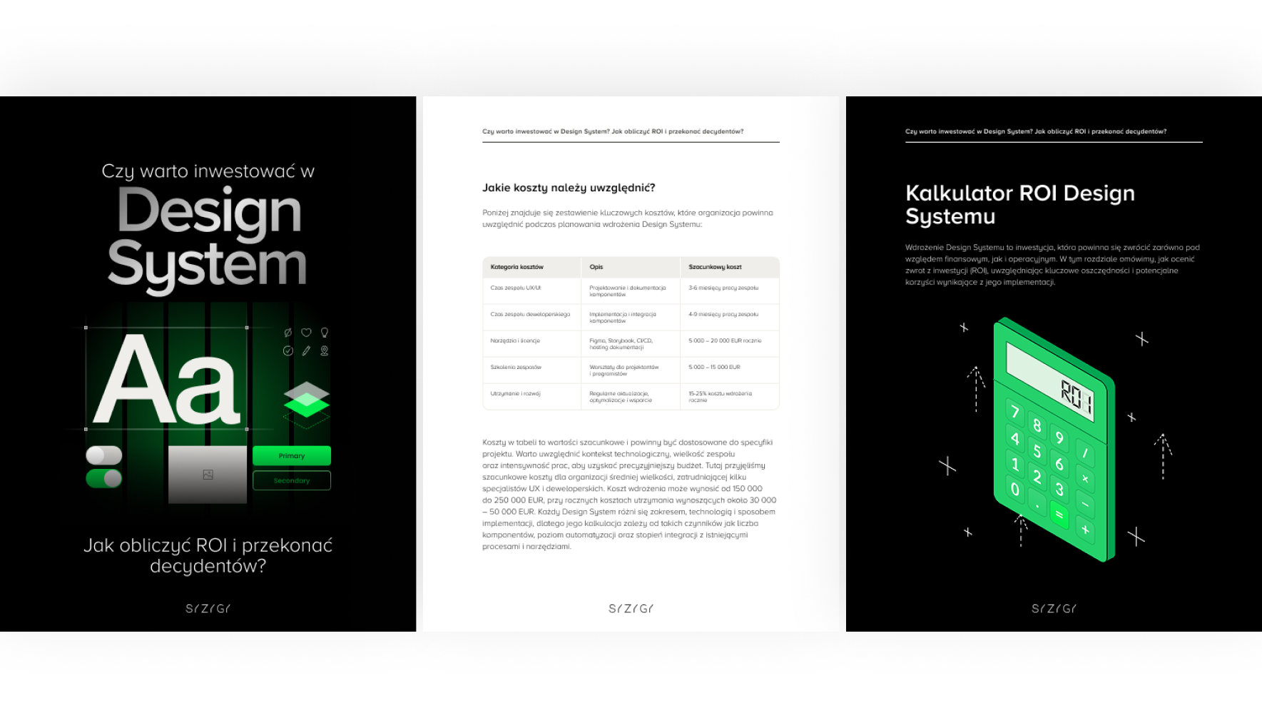 Grafika przedstawiająca trzy strony e-booka ‘Czy warto inwestować w Design System? Jak obliczyć ROI i przekonać decydentów?’. Lewa strona pokazuje okładkę e-booka z elementami UI, środkowa zawiera tabelę z kosztami wdrożenia Design Systemu, a prawa przedstawia sekcję ‘Kalkulator ROI Design Systemu’ z ilustracją zielonego kalkulatora wyświetlającego napis ‘ROI’.