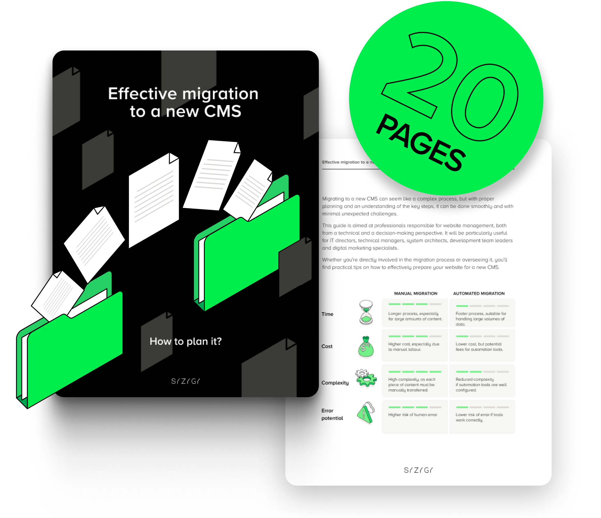 The graphic shows the cover of the e-book ‘Successful migration to a new CMS’ and an internal page with a table comparing manual and automatic content migration in terms of time, costs, complexity and risk of errors. The black cover shows green folders and documents and the word ‘20 pages’, which suggests the practical nature of the material. The e-book is intended to help you plan your CMS migration step by step.