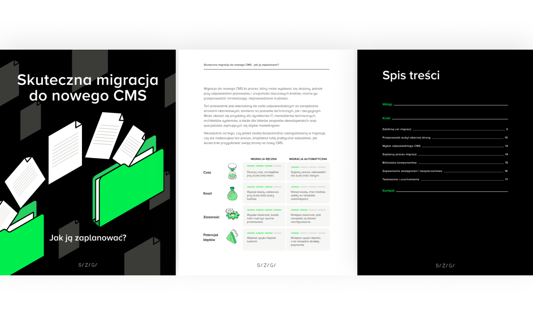 Trzy strony e-booka, w tym okładka ‘Skuteczna migracja do nowego CMS – Jak ją zaplanować?’ oraz strony omawiające różnice między migracją ręczną a automatyczną, w kontekście czasu, kosztów i złożoności.